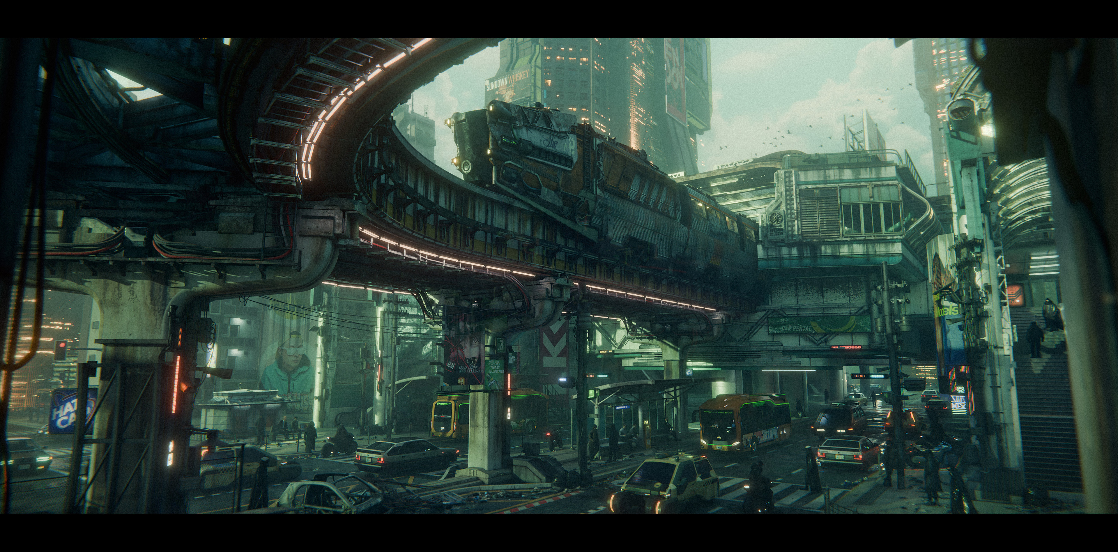 Futuristic city with a train on elevated railway HD Wallpaper
