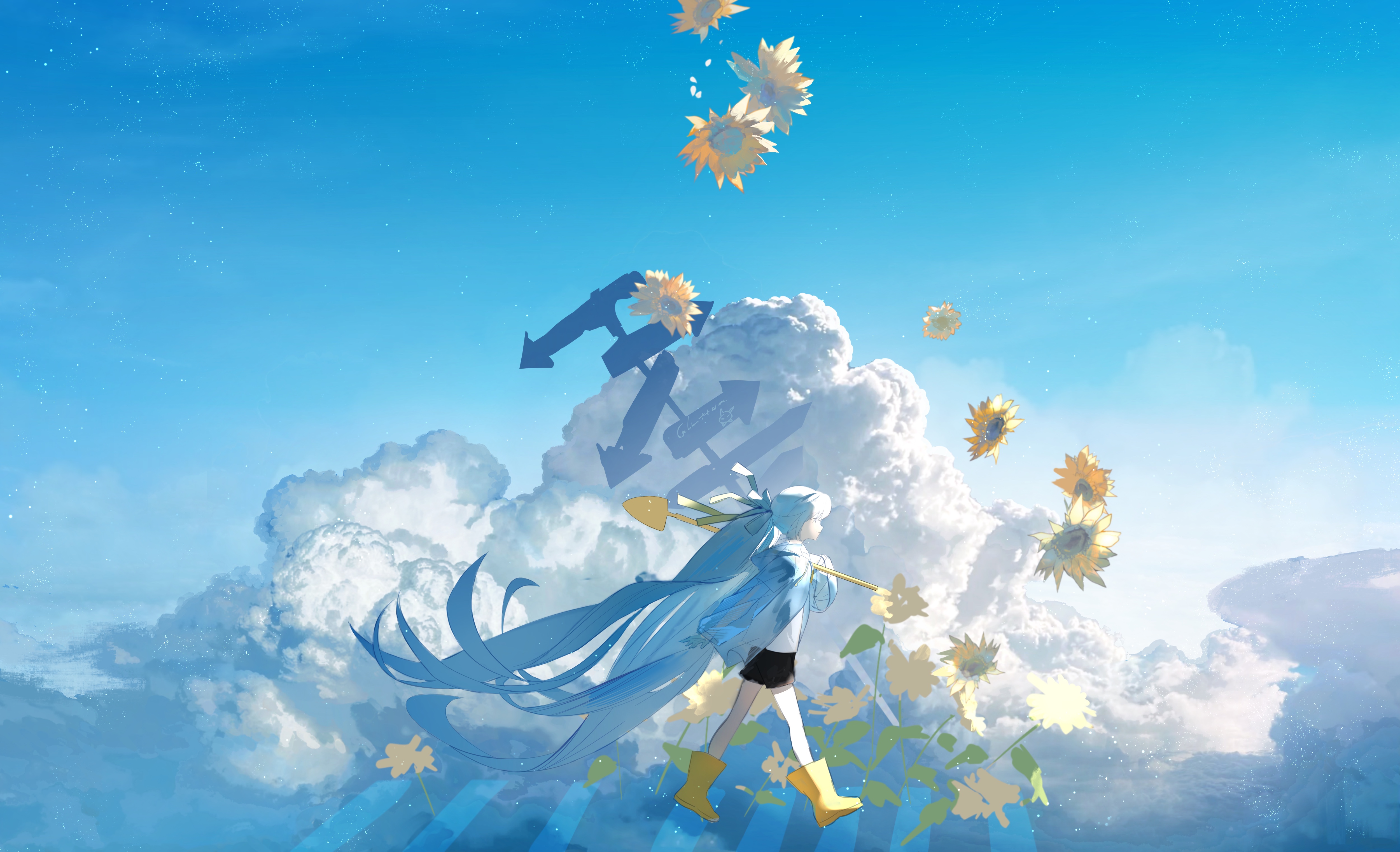 Anime girl with blue hair walking among clouds and sunflowers HD Wallpaper