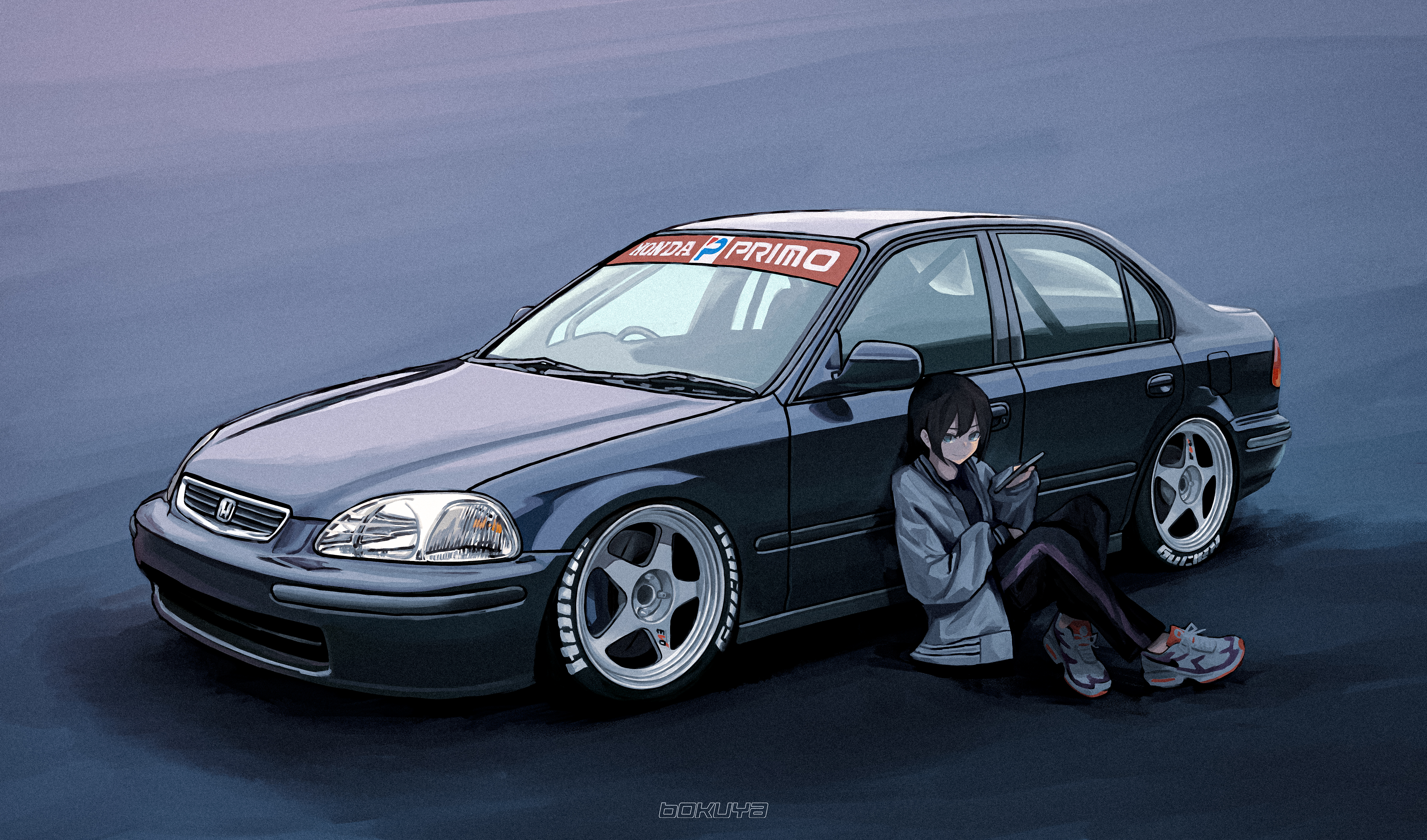 Anime girl with a tuned Honda Civic HD Wallpaper
