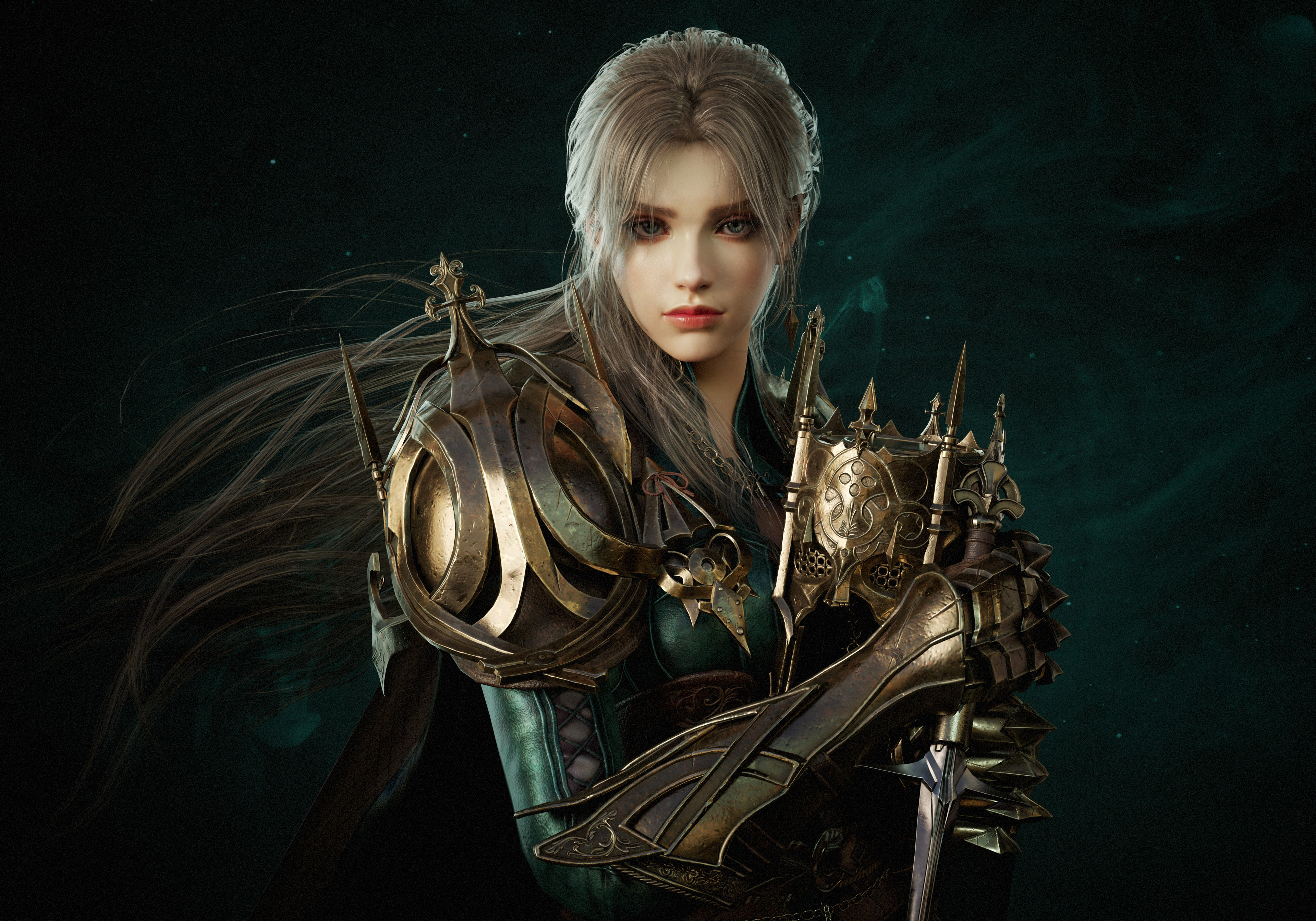 Female warrior with long hair and ornate armor HD Wallpaper