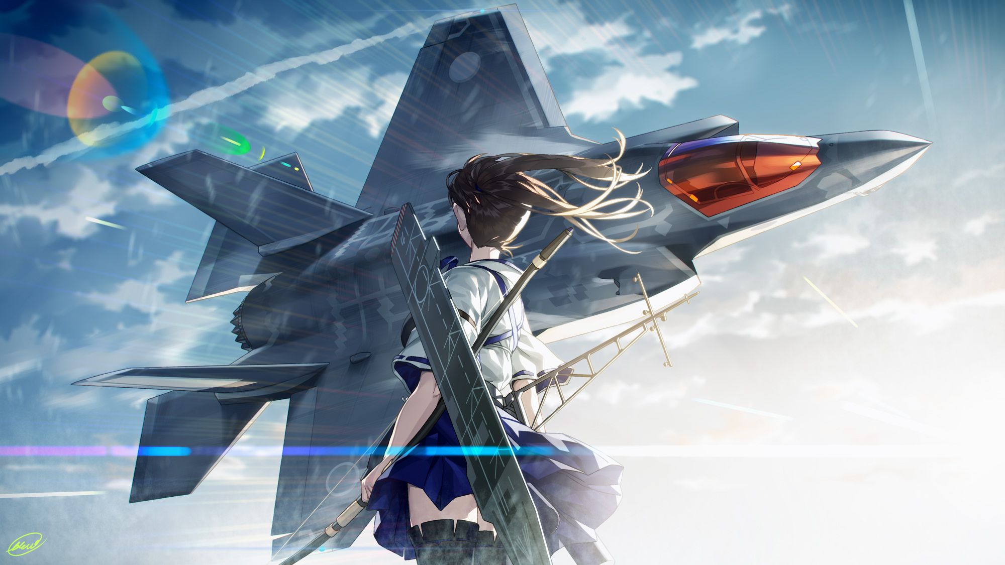 Kaga (KanColle) with F-35 Lightning II Jet Fighter HD Wallpaper