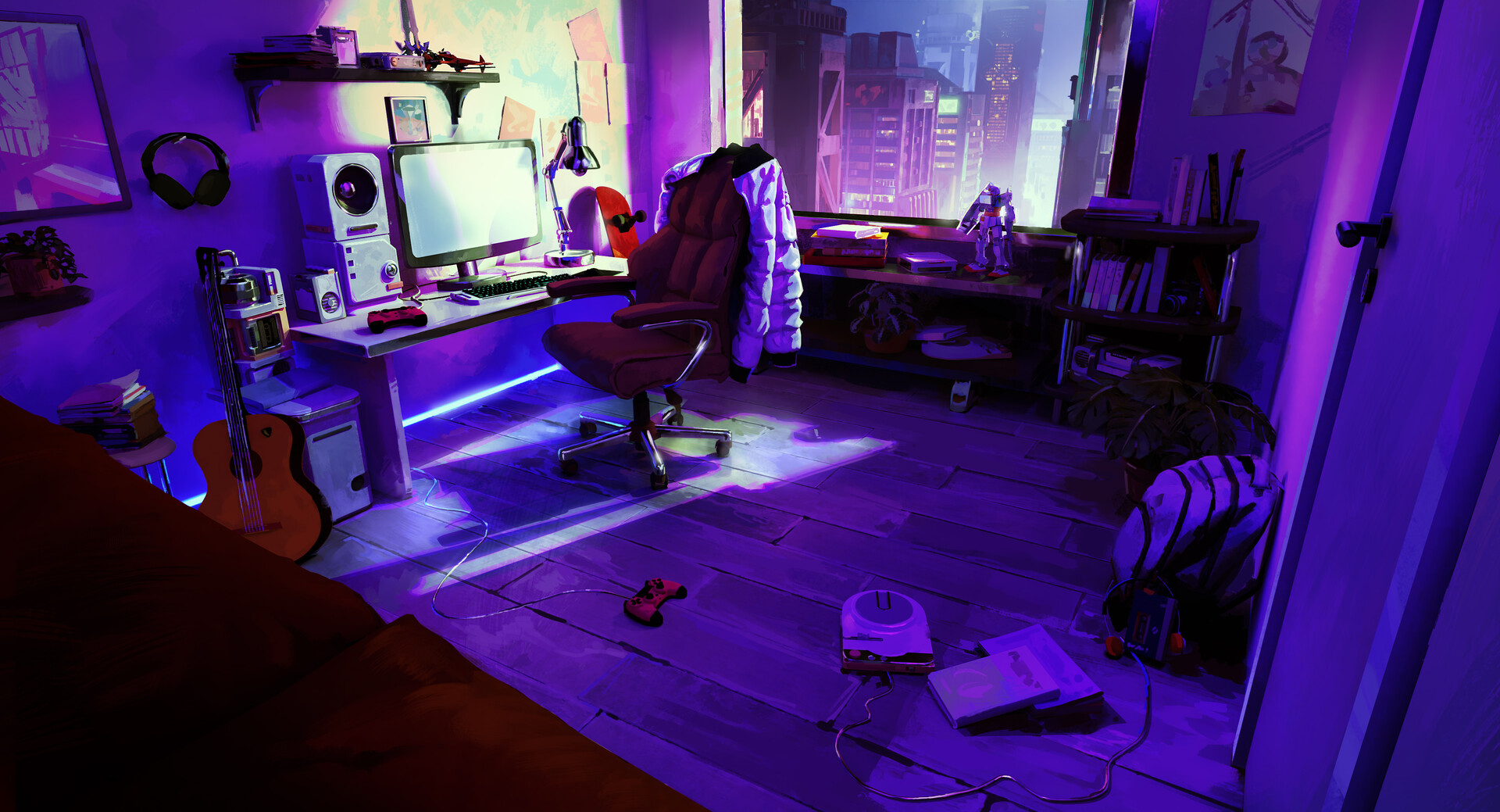 Retrowave room with guitar, speakers, and Gundam figure HD Wallpaper