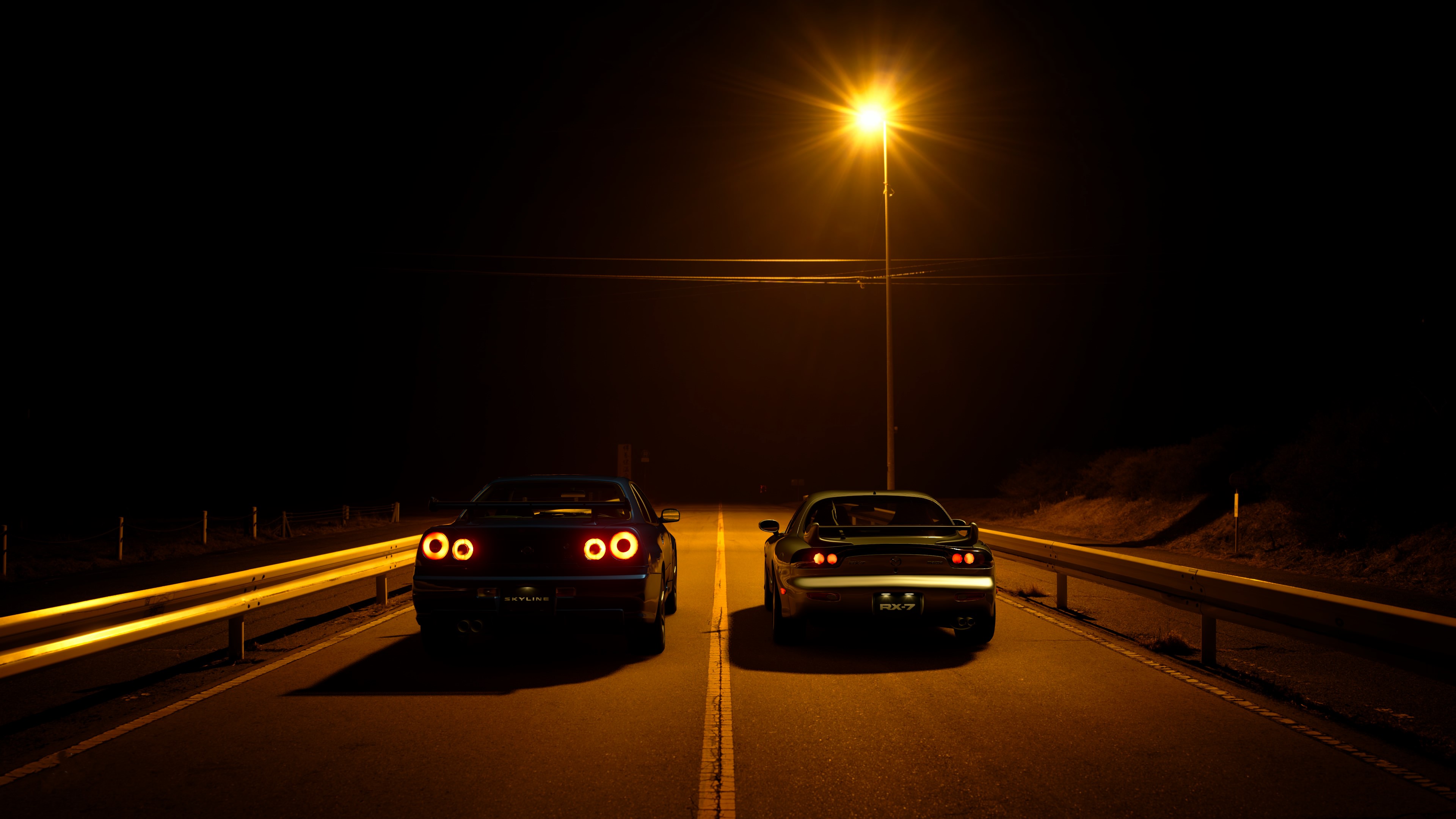 Nissan Skyline GT-R V-Spec and Mazda RX-7 at Night HD Wallpaper
