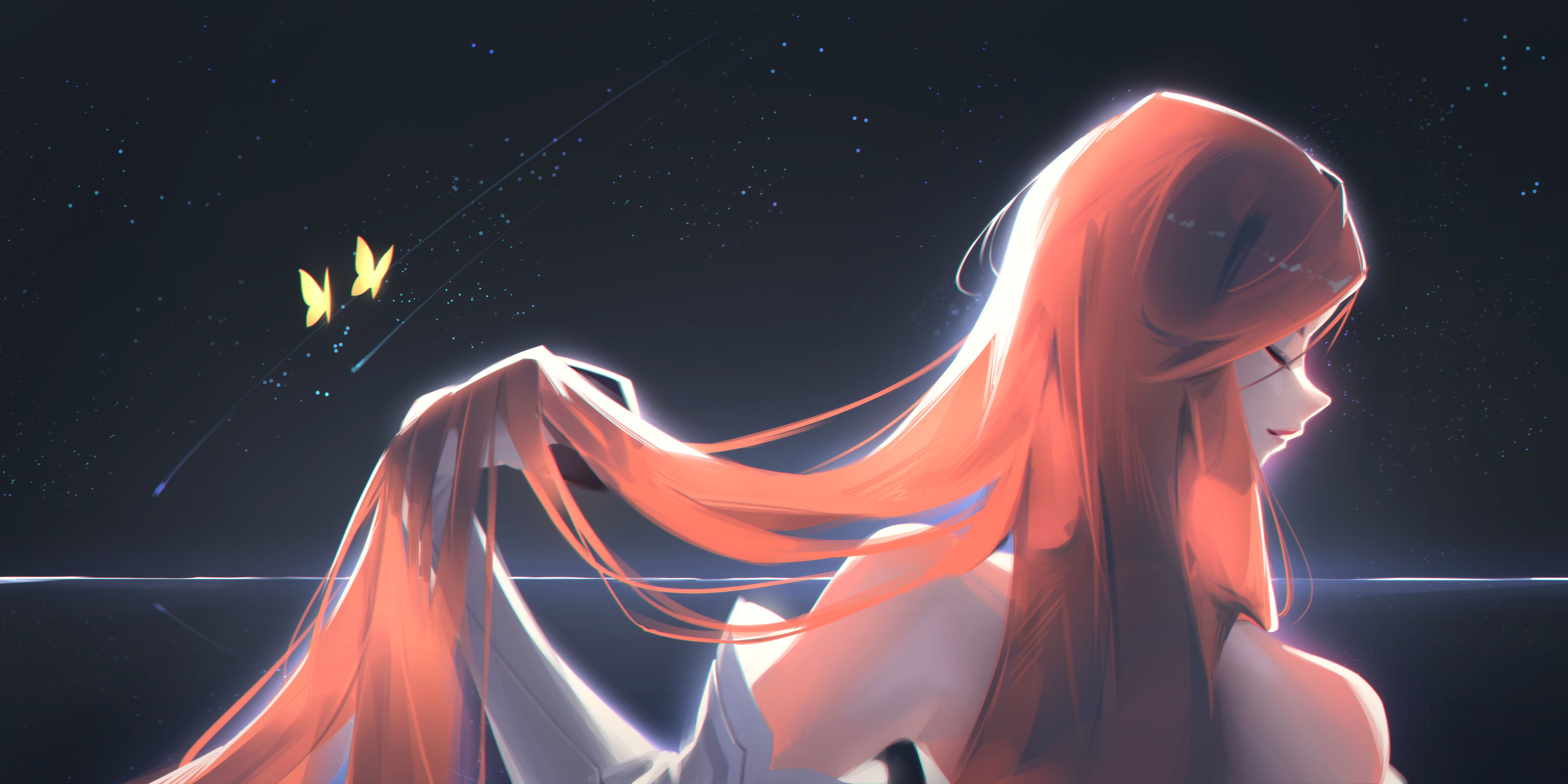 Original character with long red hair and butterflies HD Wallpaper