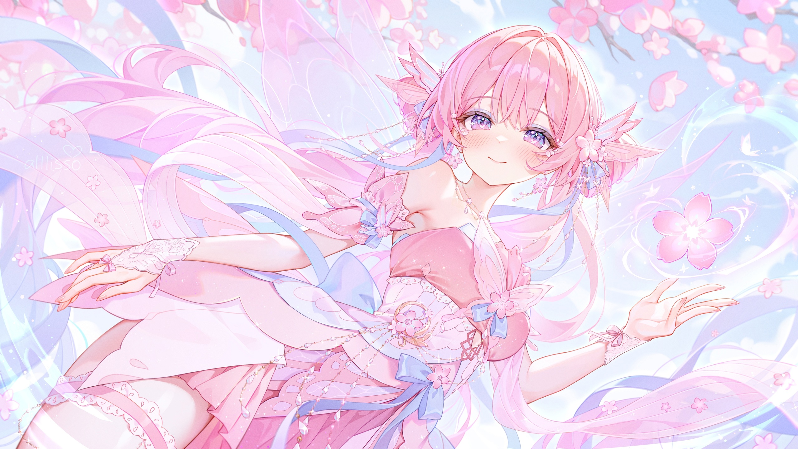 Emiphoria in a pink dress with cherry blossoms HD Wallpaper