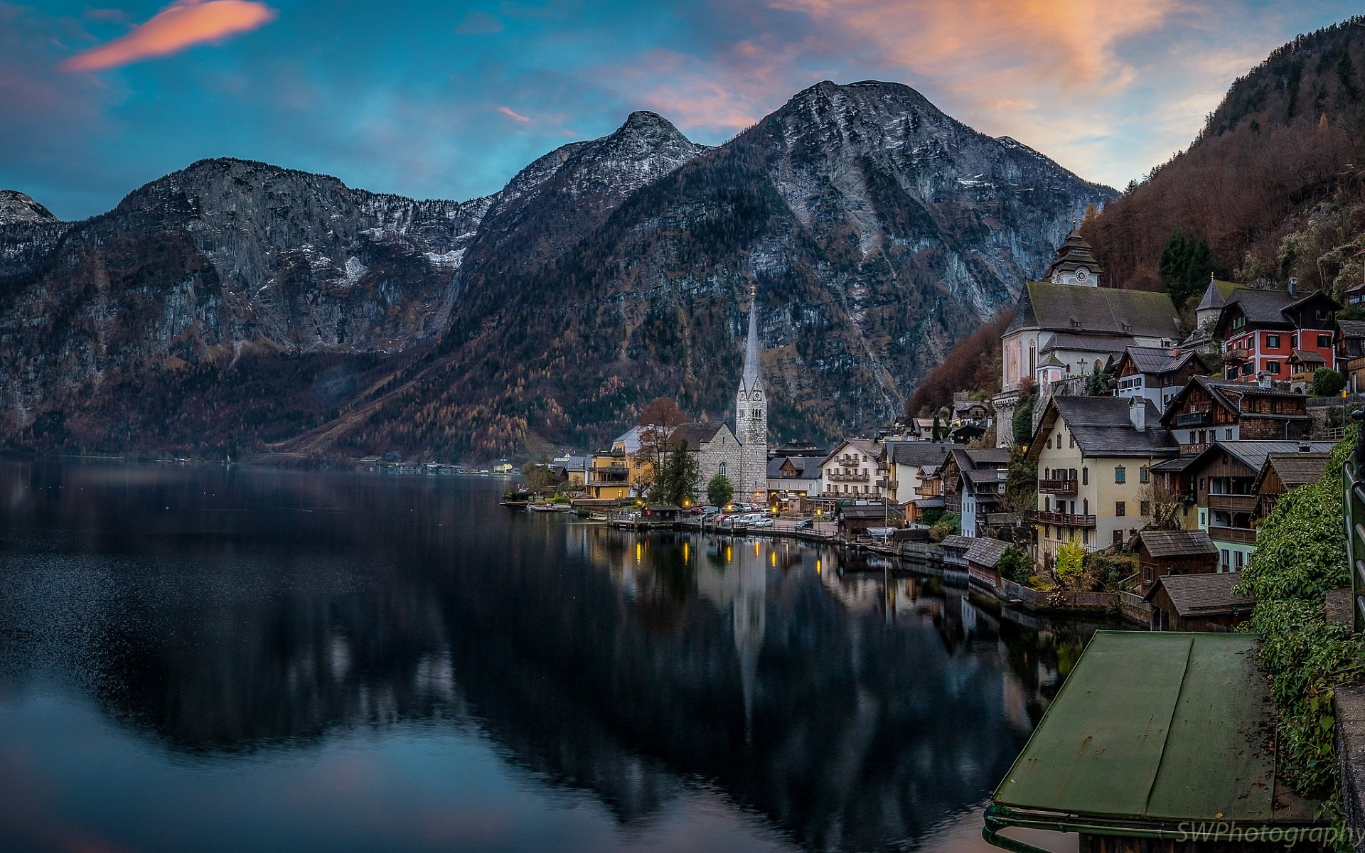 Hallstatt town on a lake with mountains HD Wallpaper