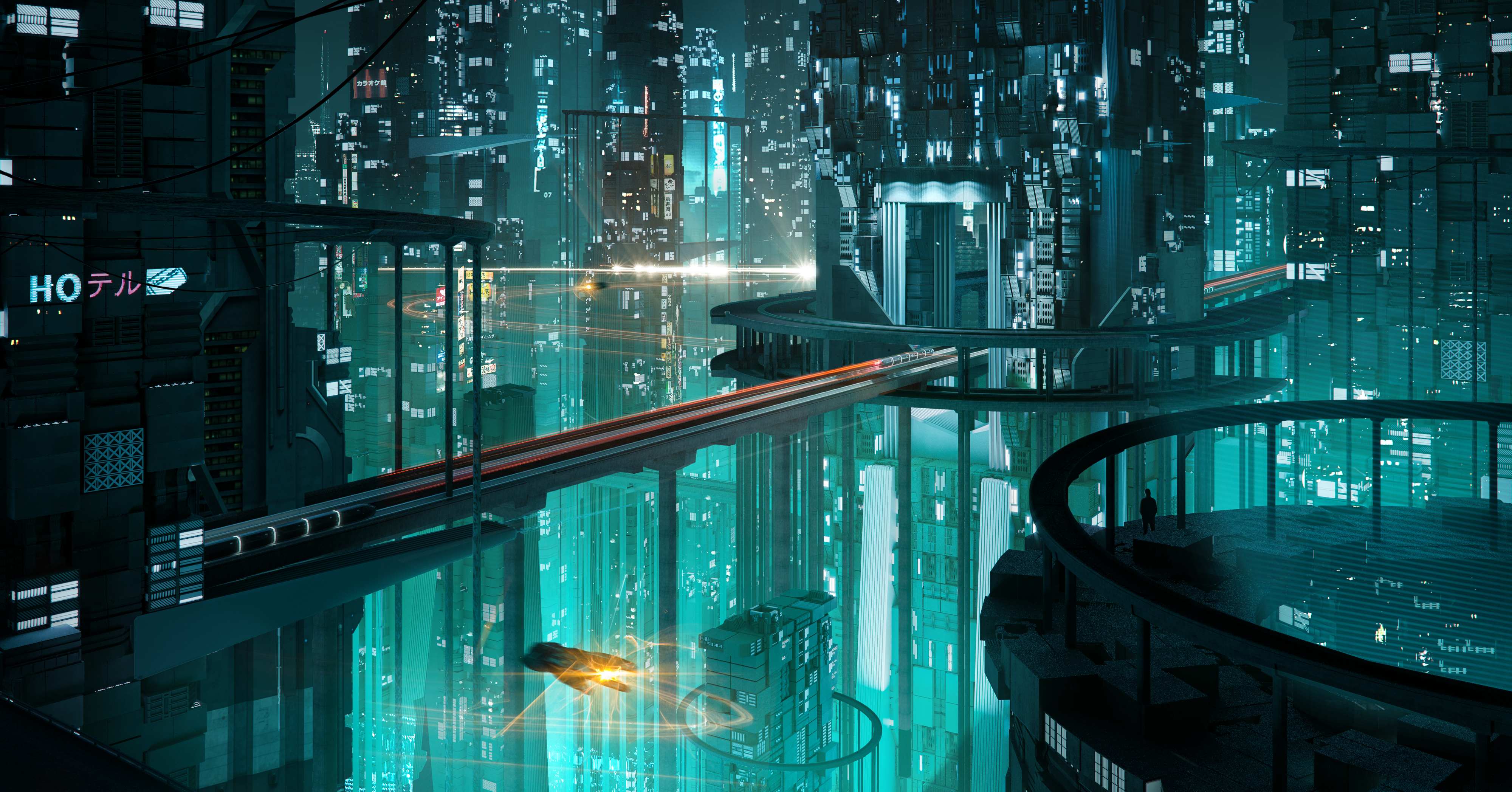 Futuristic cyberpunk cityscape with glowing lights and reflections HD Wallpaper