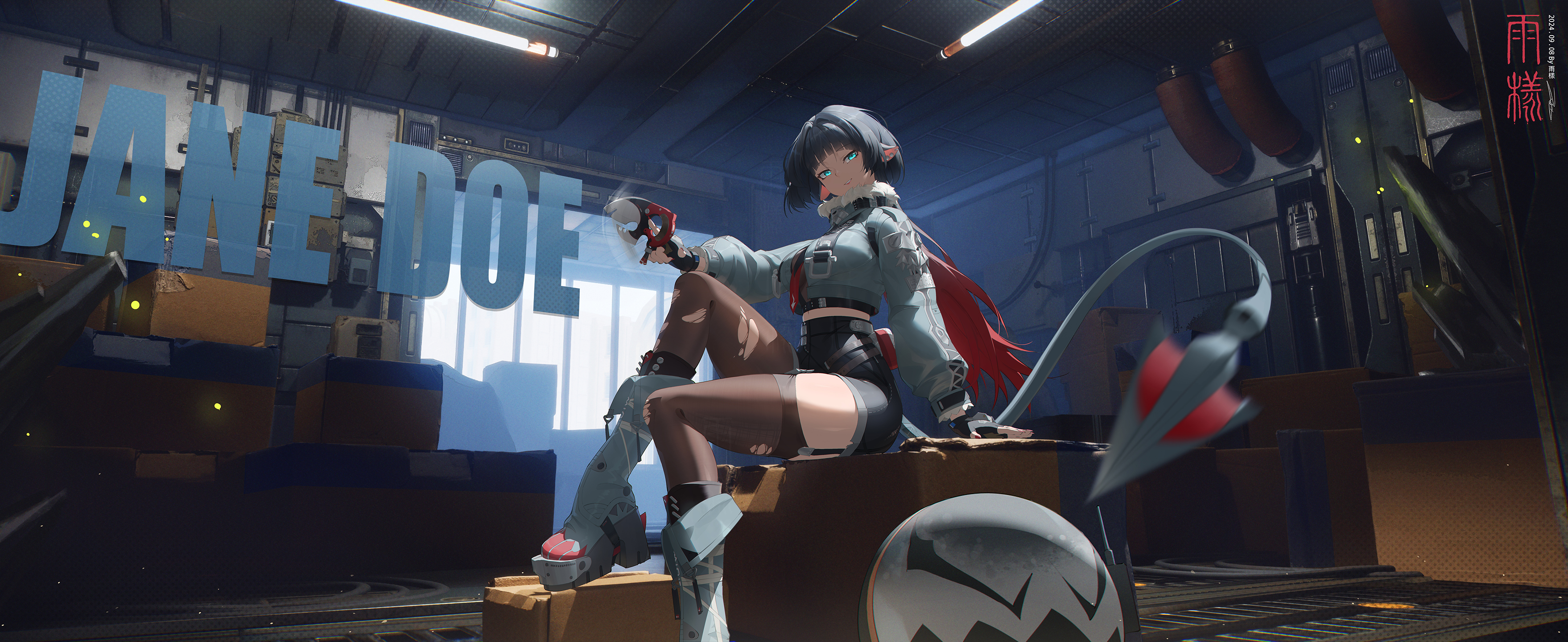 Jane Doe (Zenless Zone Zero) sitting in a workshop HD Wallpaper