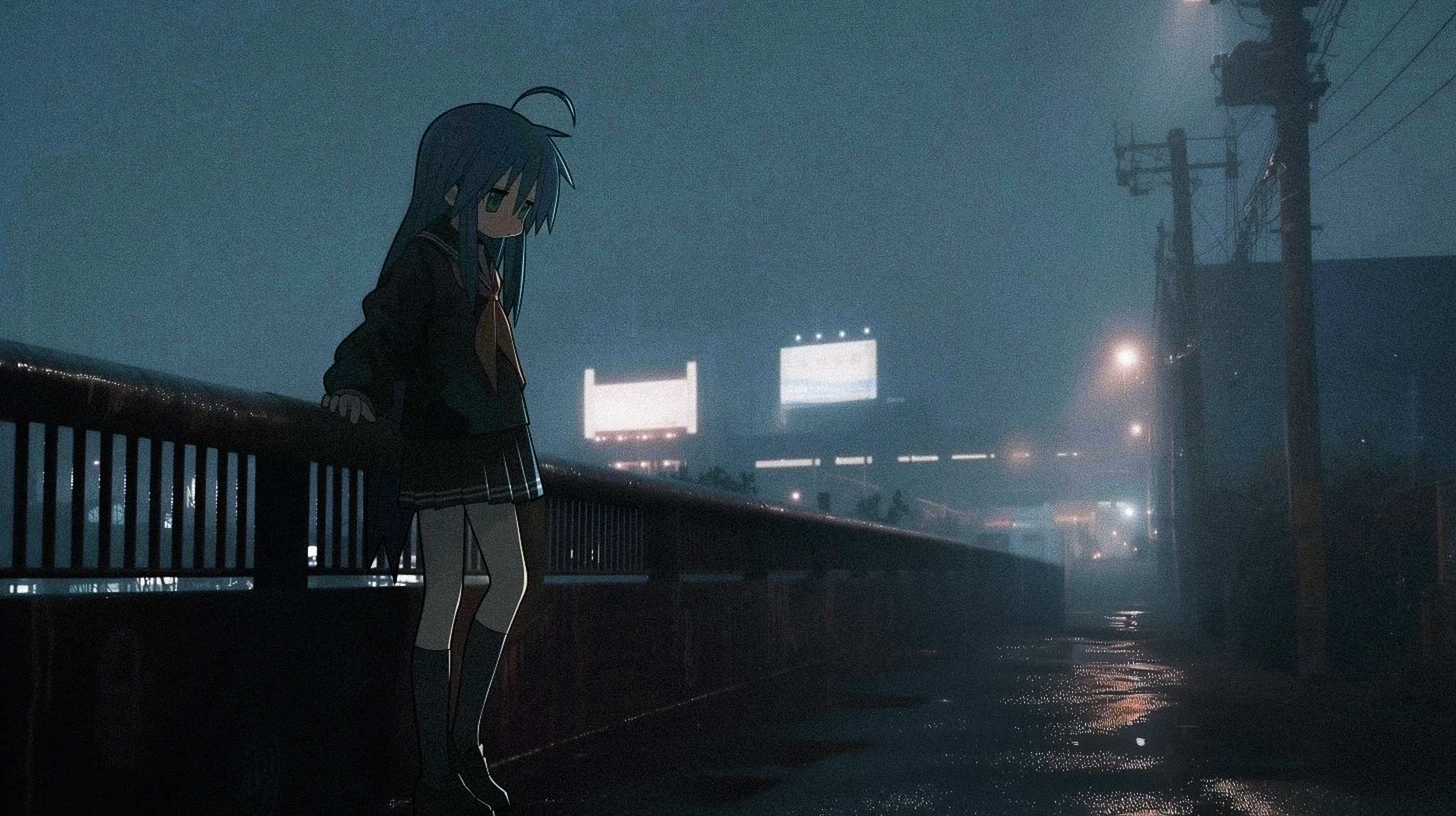 Izumi Konata standing on a bridge at night HD Wallpaper