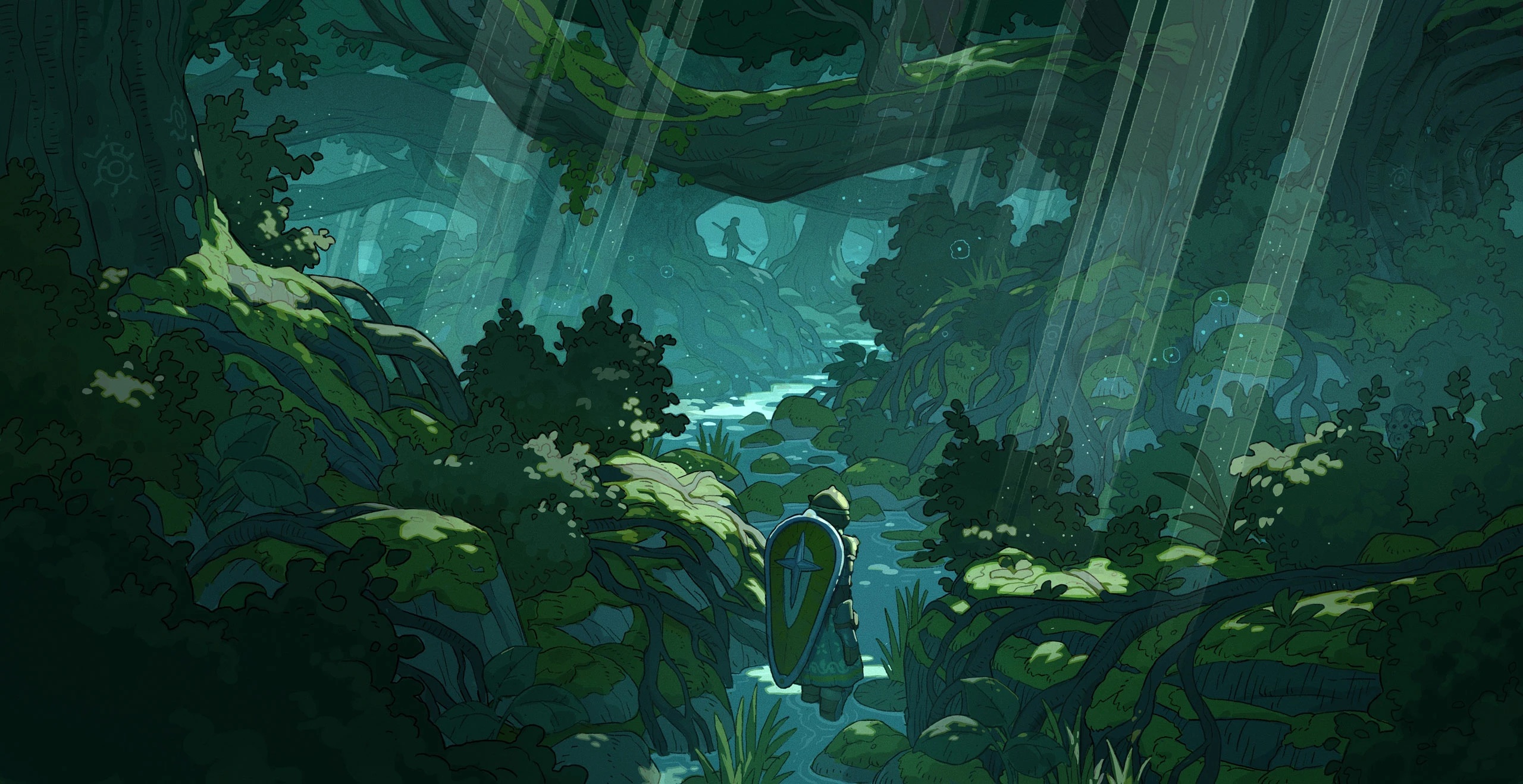 Video game art of a knight by a river in a forest HD Wallpaper