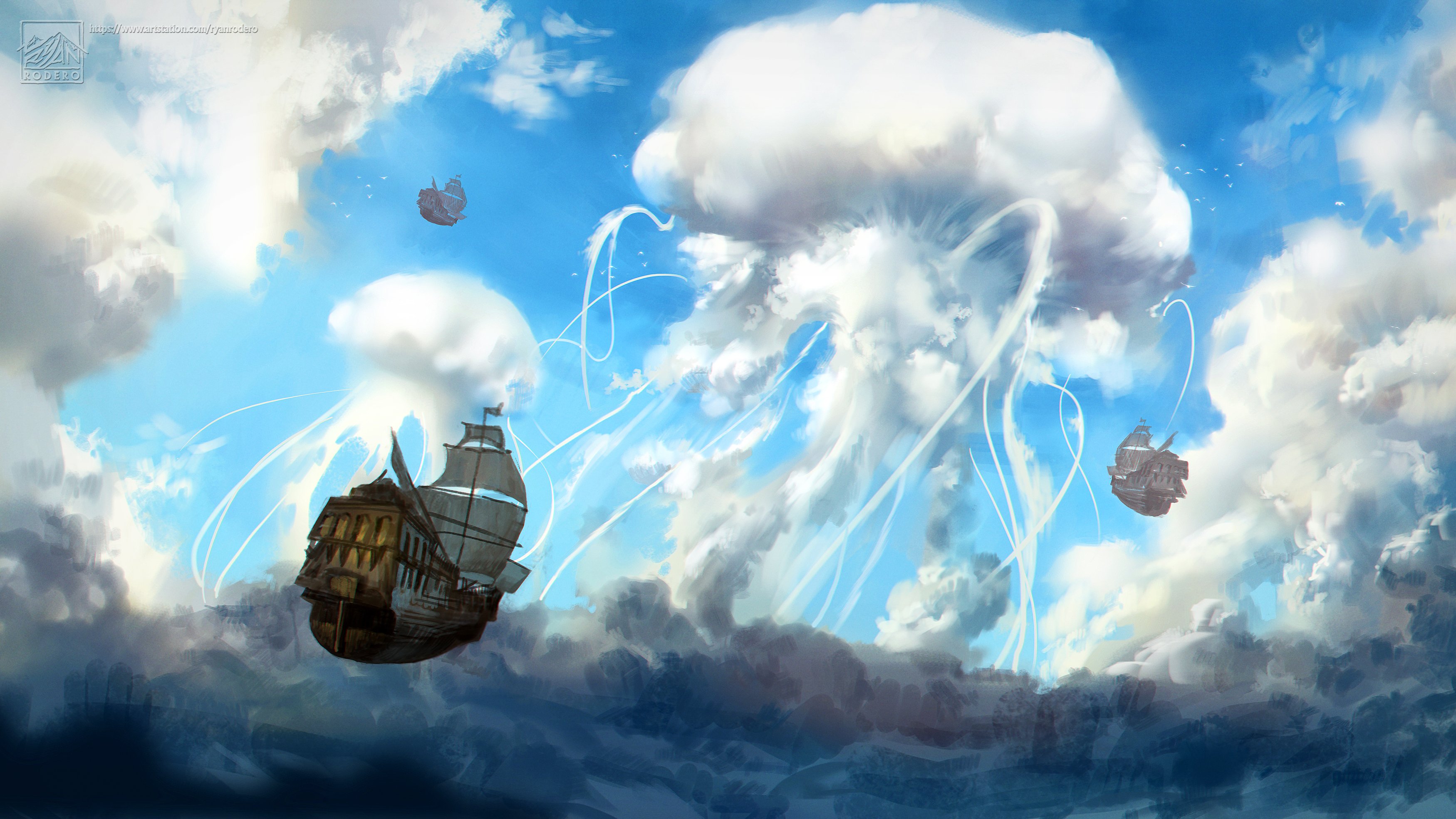 Flying ships and jellyfish clouds in a fantasy sky HD Wallpaper