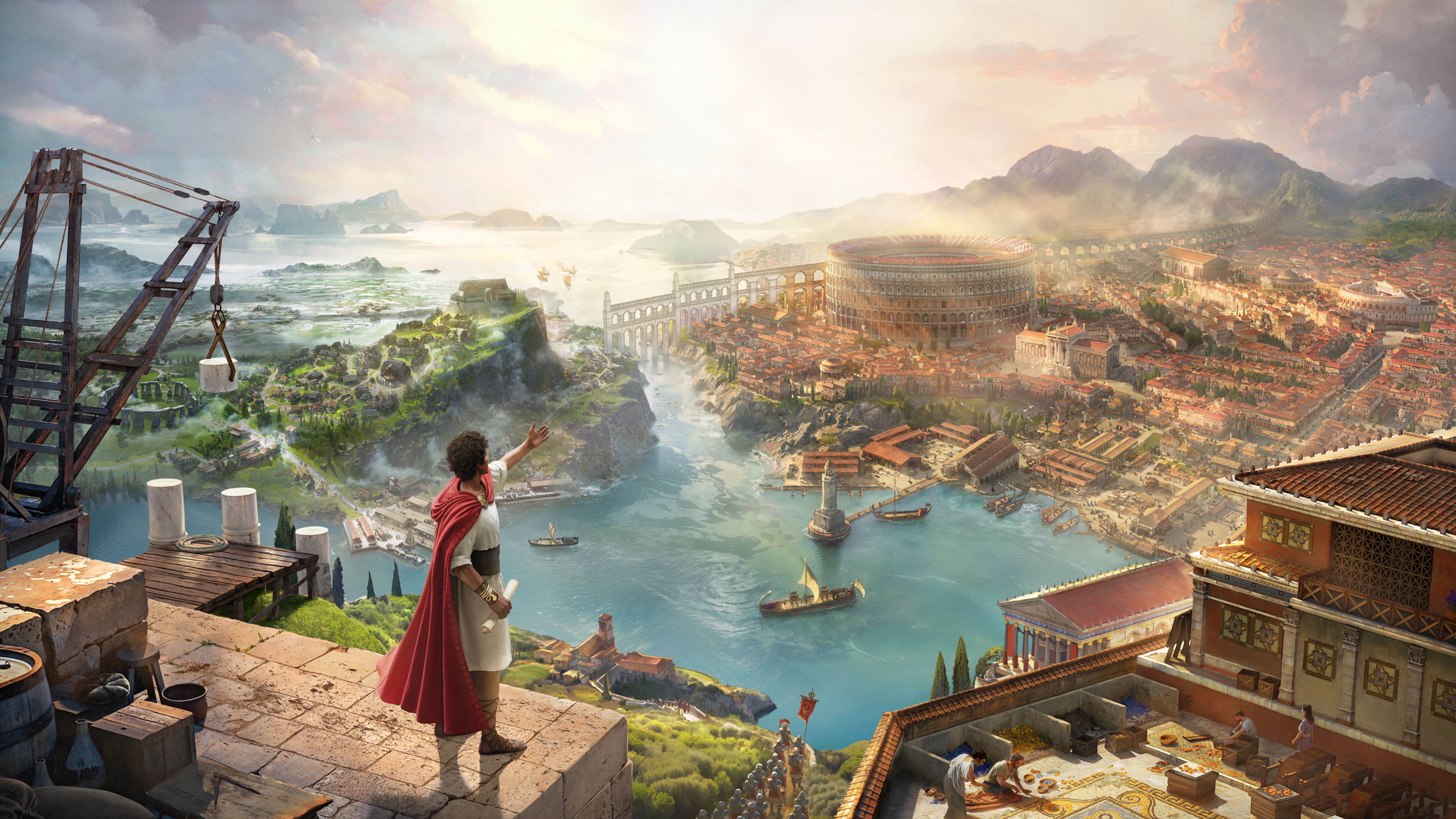 Anno 117: Pax Romana cityscape with aqueducts and Colosseum HD Wallpaper