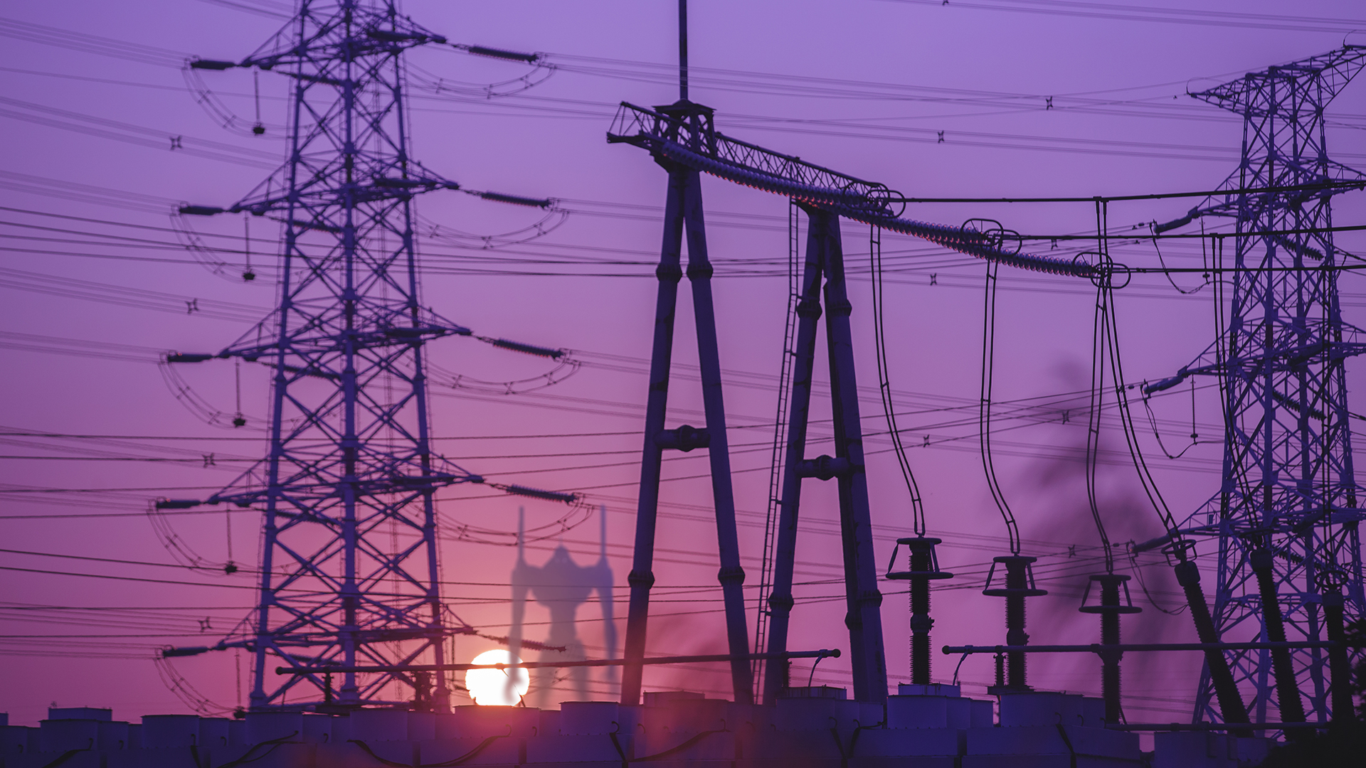 Neon Genesis Evangelion mech silhouette at sunset HD Wallpaper