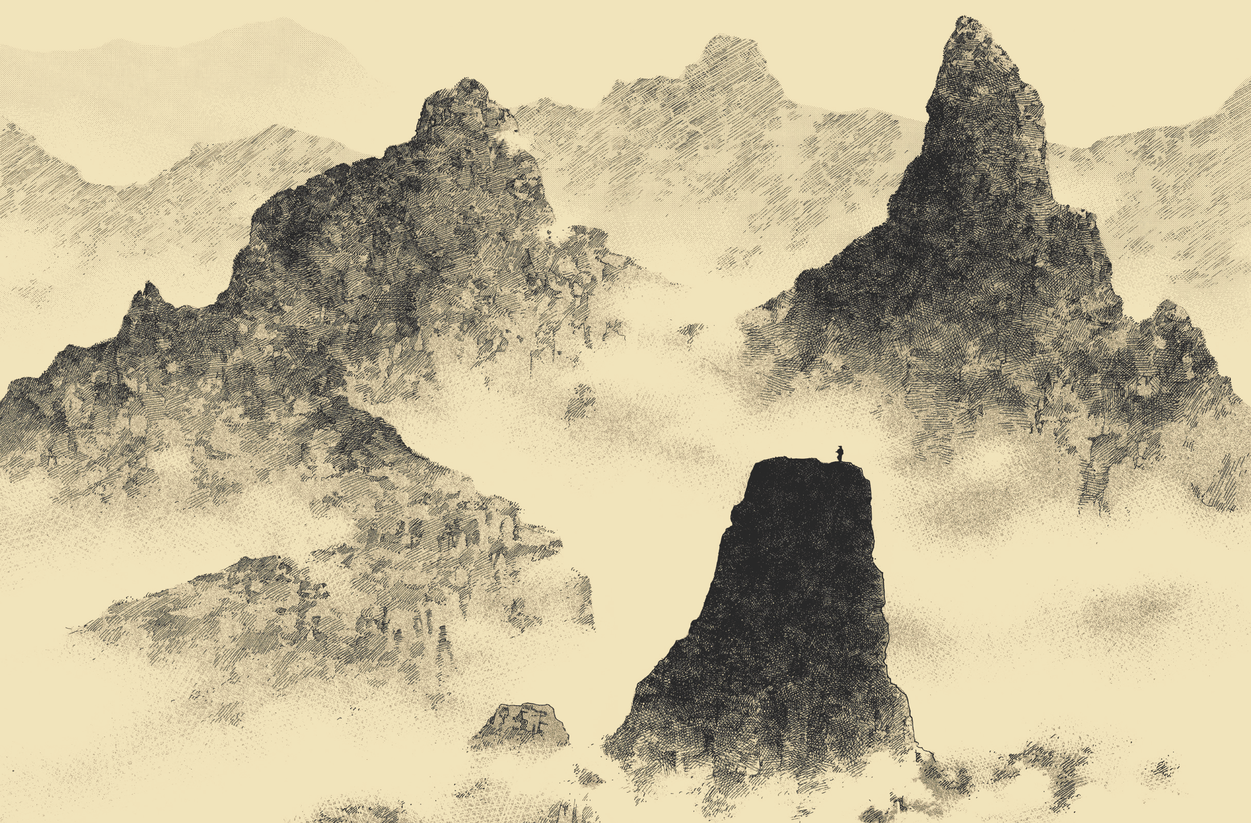 Miyamoto Musashi on a mountain peak in the mist HD Wallpaper