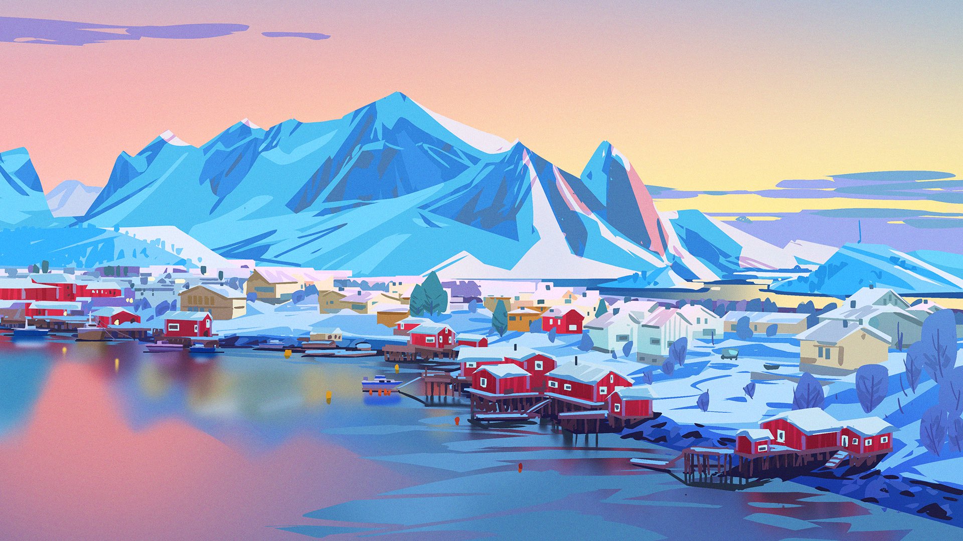 Digital art of a snowy village by mountains and water HD Wallpaper