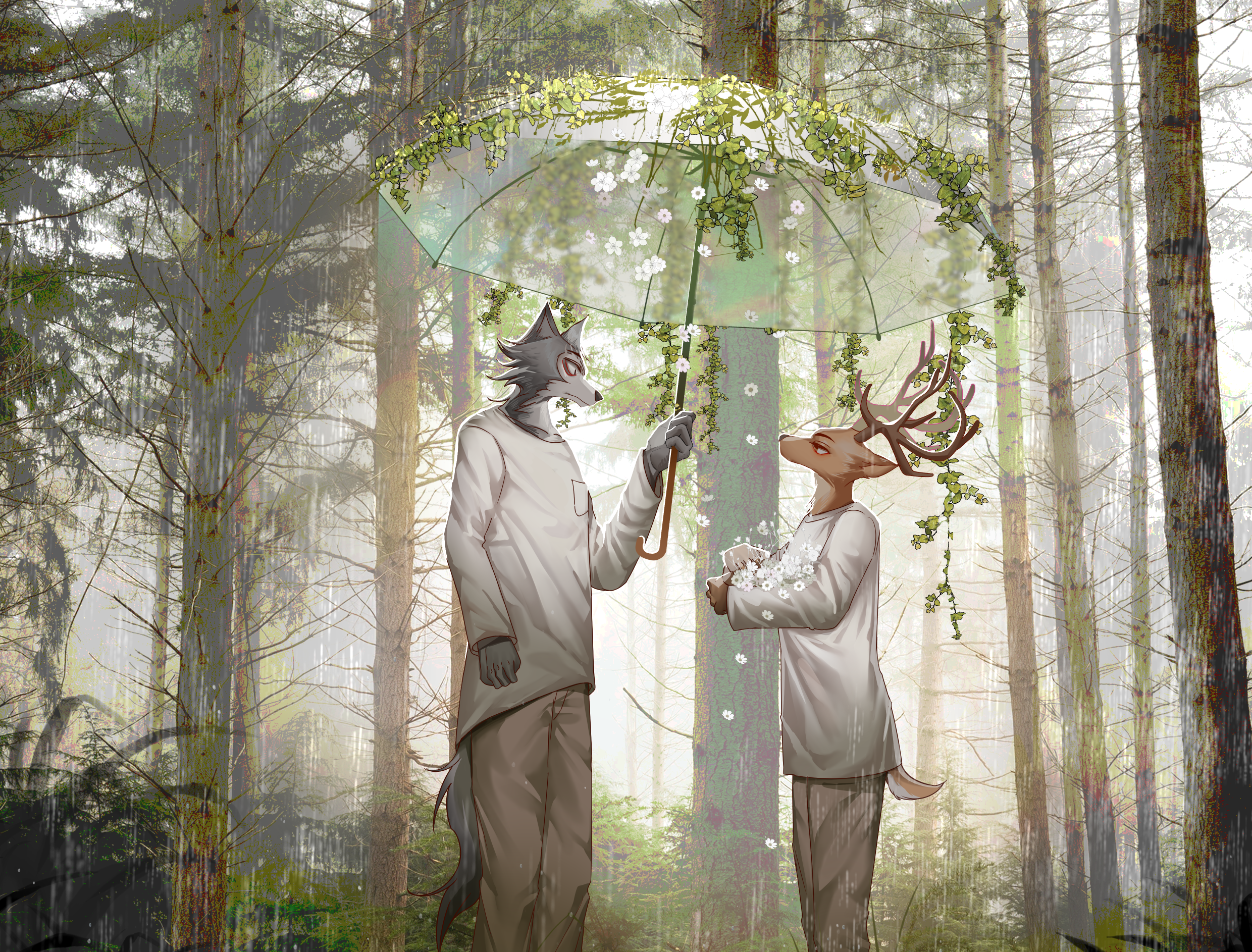 Legosi and Louis under a floral umbrella in the rain HD Wallpaper