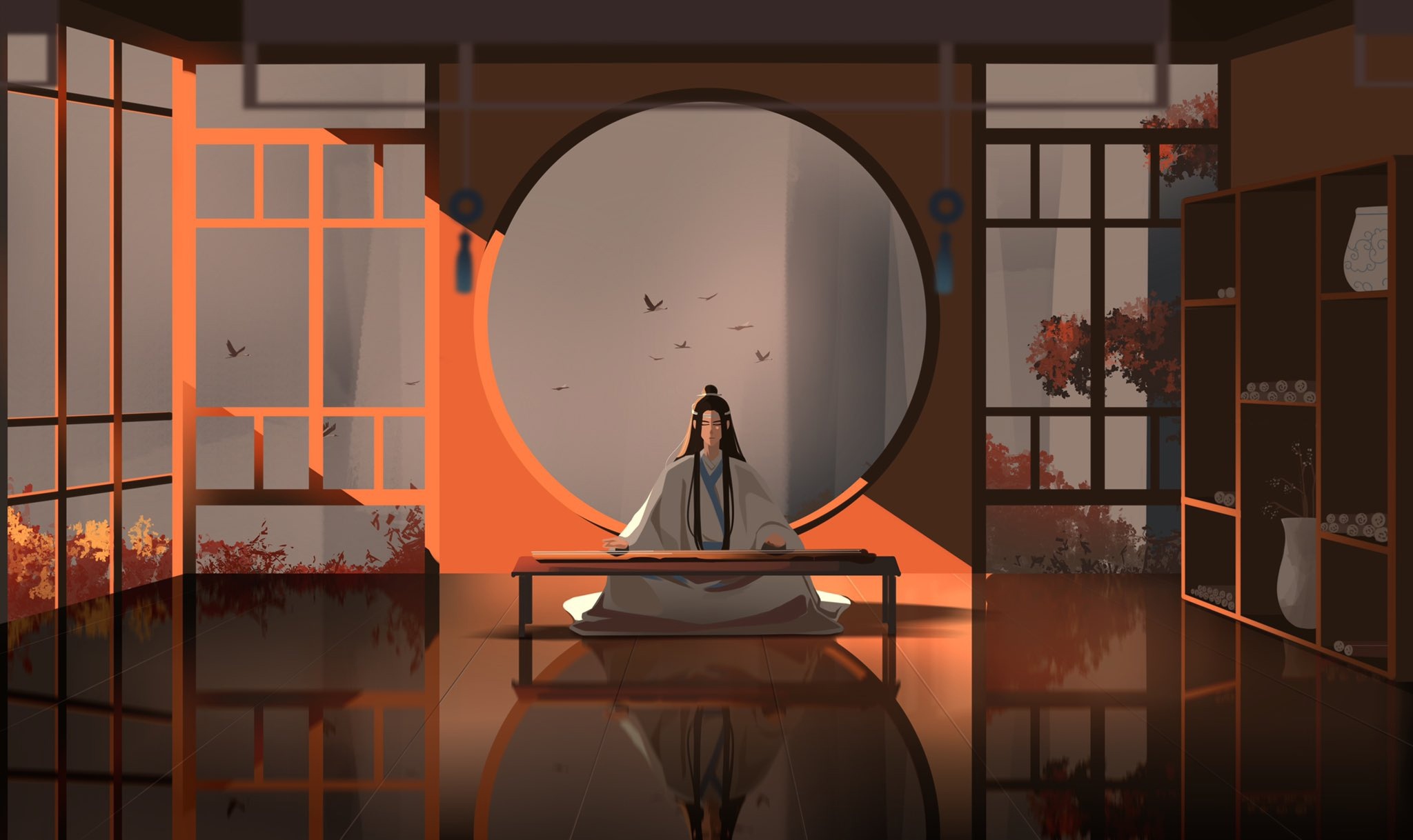 Lan Wangji playing the Guqin in a traditional room HD Wallpaper