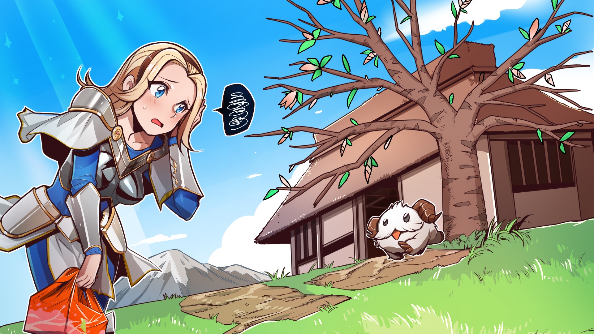 Lux and a Poro near a house in the mountains HD Wallpaper