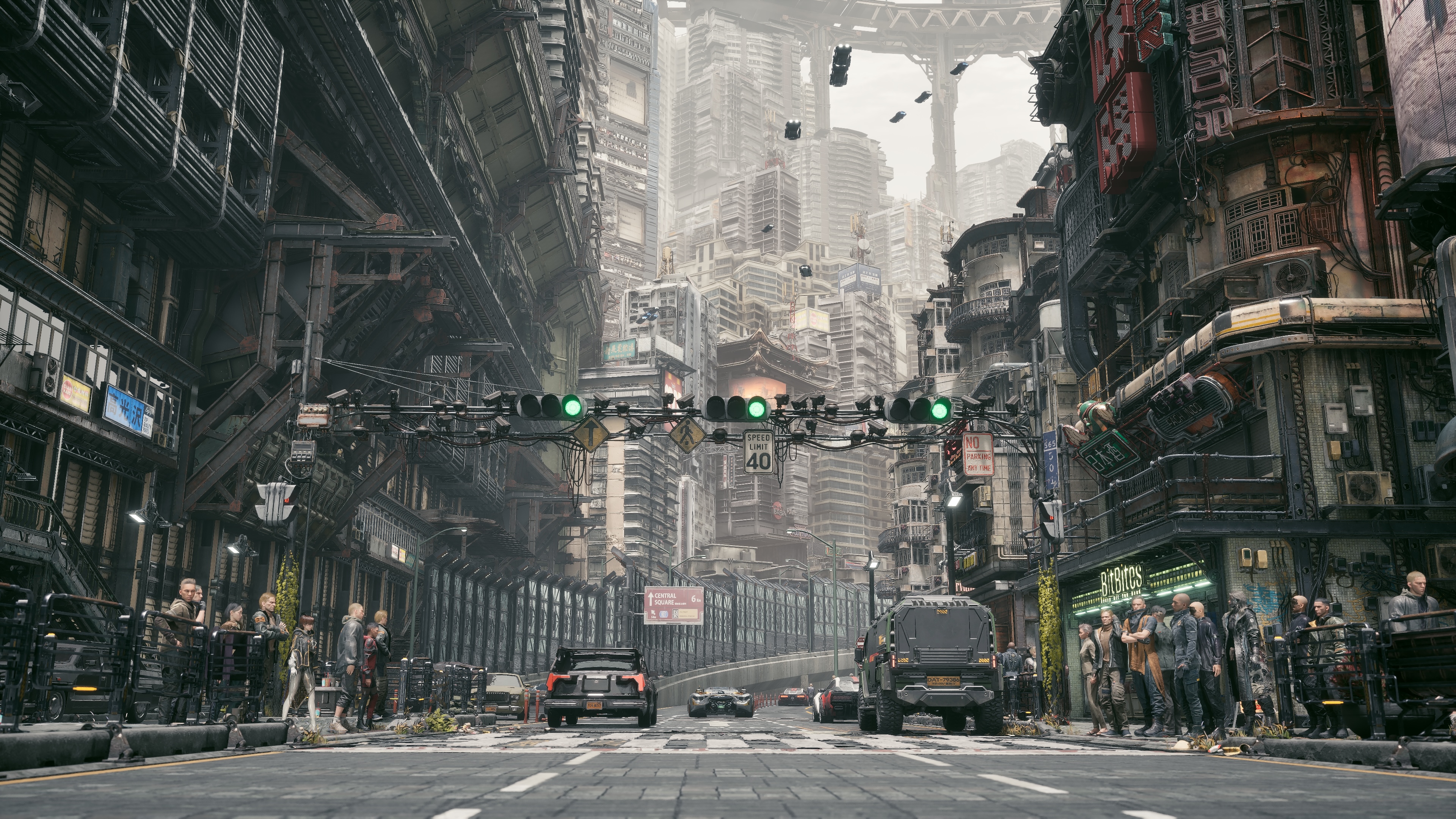 Futuristic Cyberpunk City Street with Towering Skyscrapers HD Wallpaper