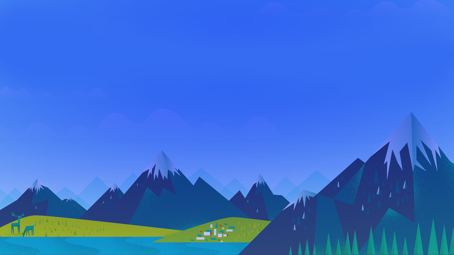 Minimalist Vector Mountain Landscape with Lake and Deer HD Wallpaper