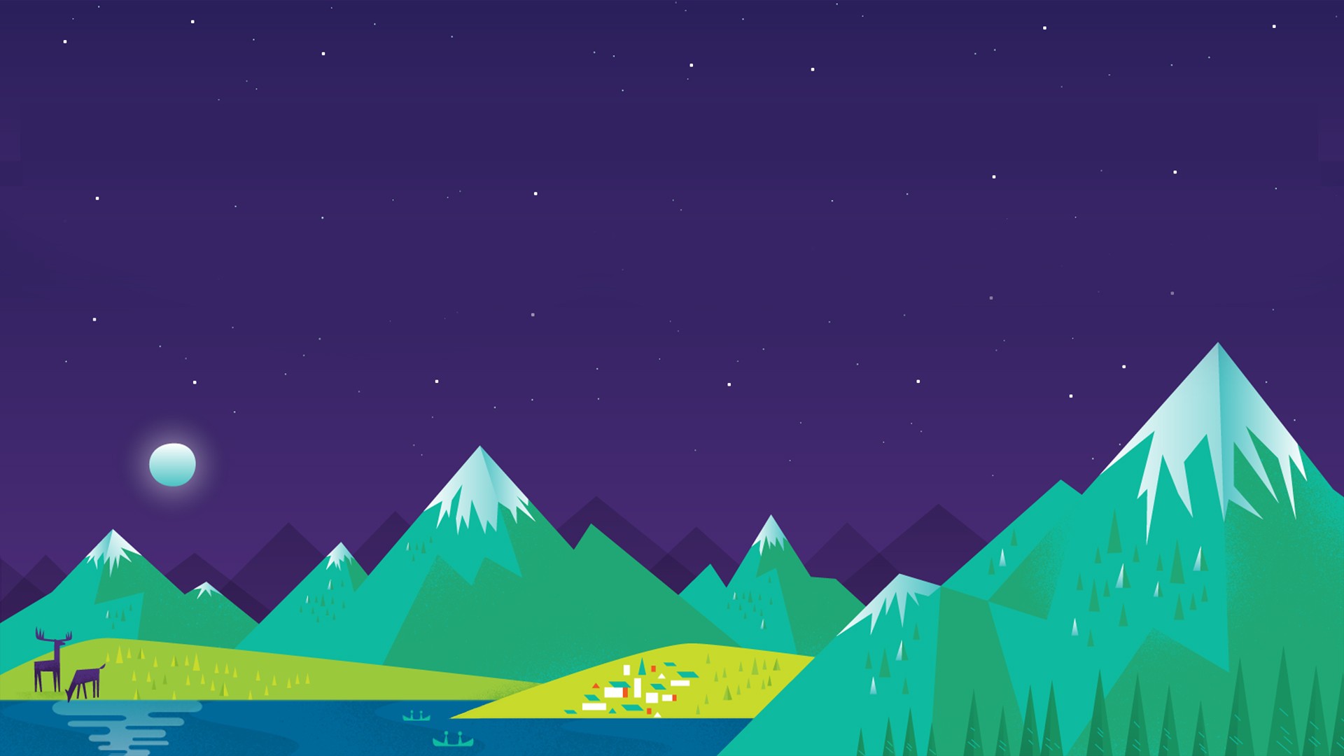 Minimalist Vector Night Landscape with Mountains and Moon HD Wallpaper