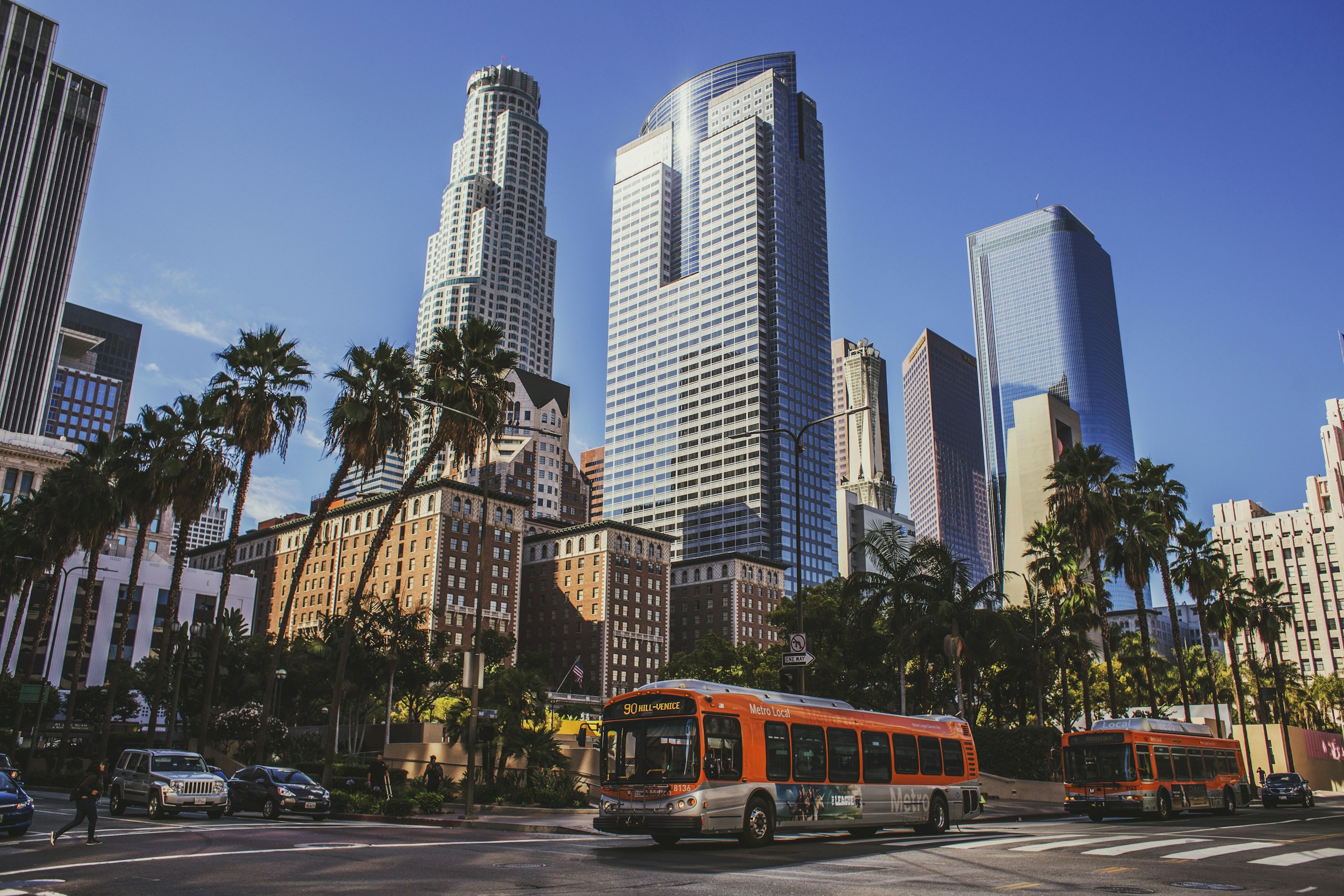 Downtown Los Angeles Skyscrapers and Metro Buses HD Wallpaper