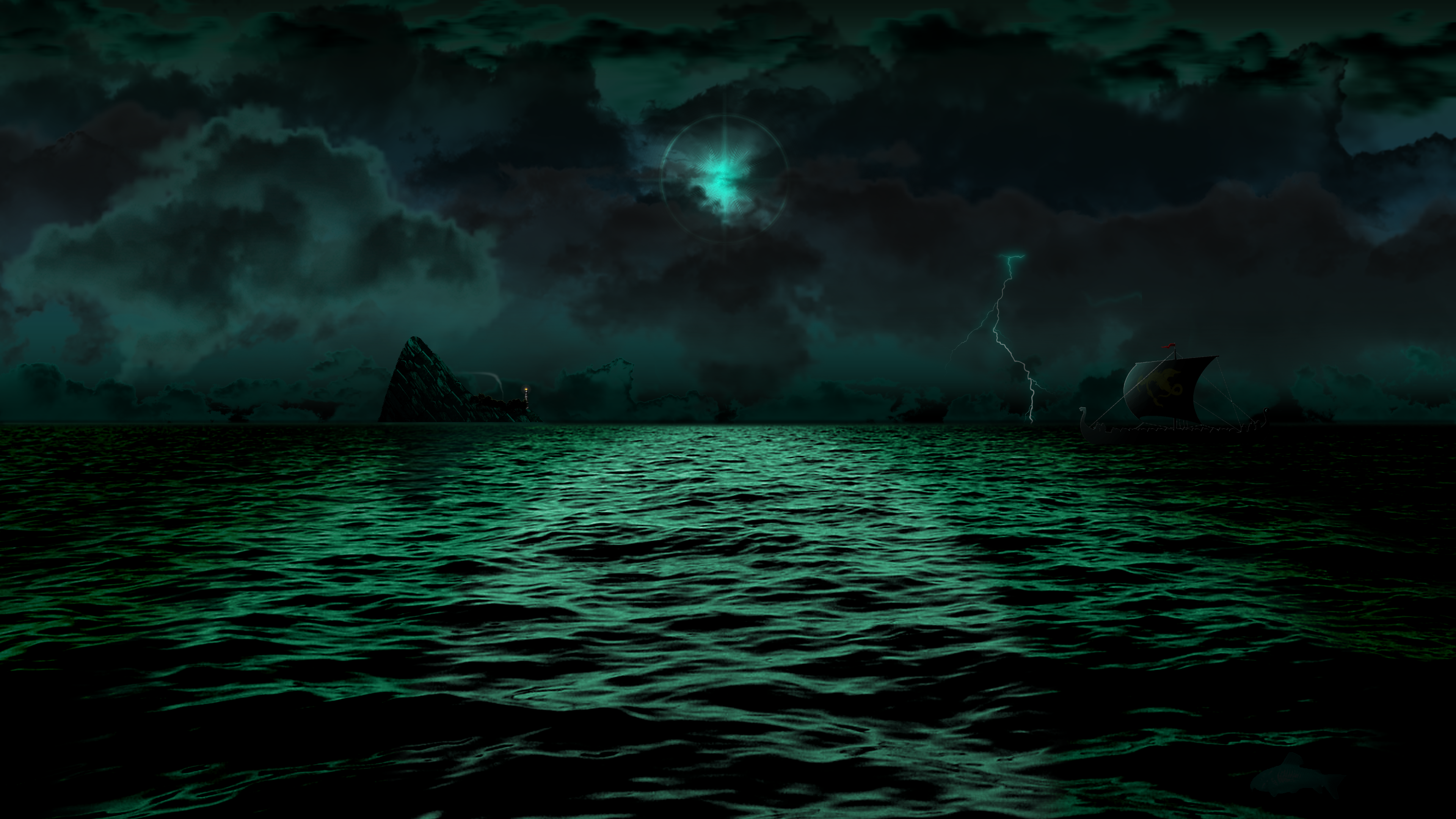 Eerie green stormy sea with a Viking longship HD Wallpaper