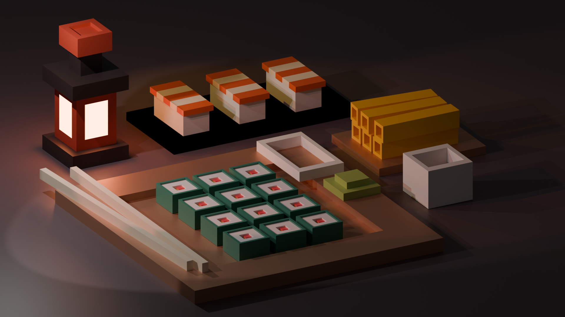3D Voxel Sushi Set with Lantern and Chopsticks HD Wallpaper