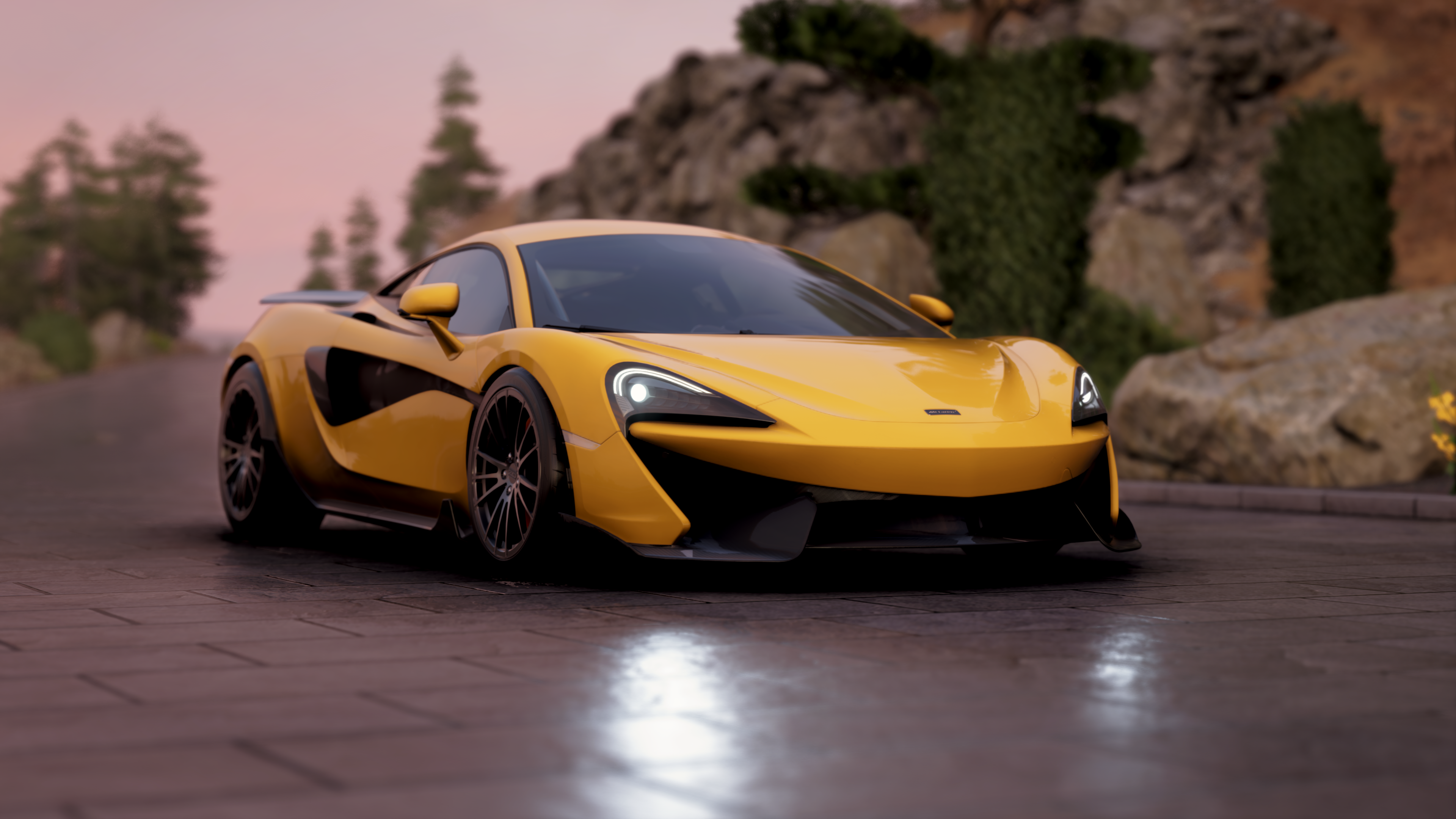 Yellow McLaren Sports Car on Wet Pavement HD Wallpaper
