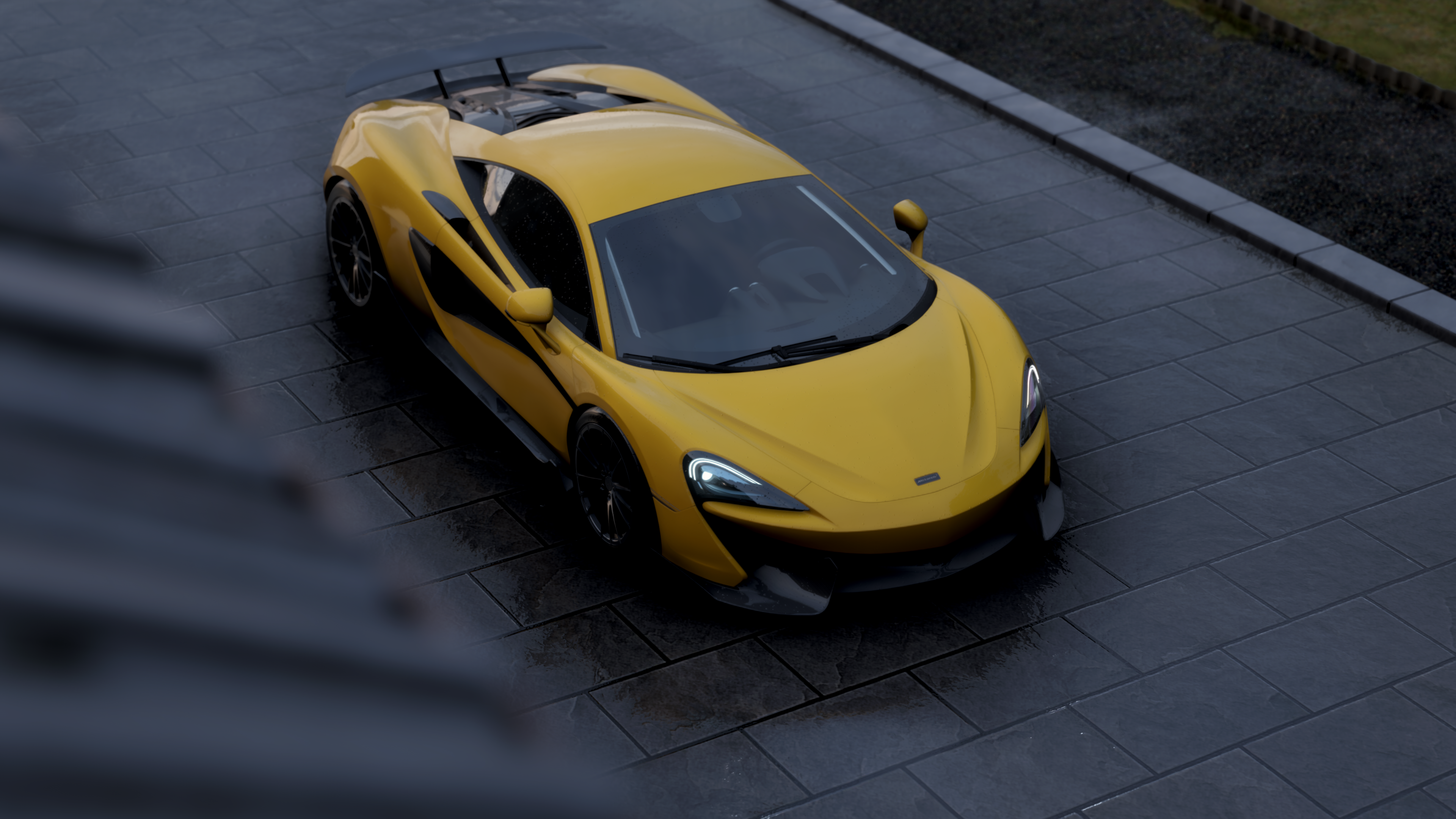 Yellow McLaren sports car parked on wet pavement HD Wallpaper