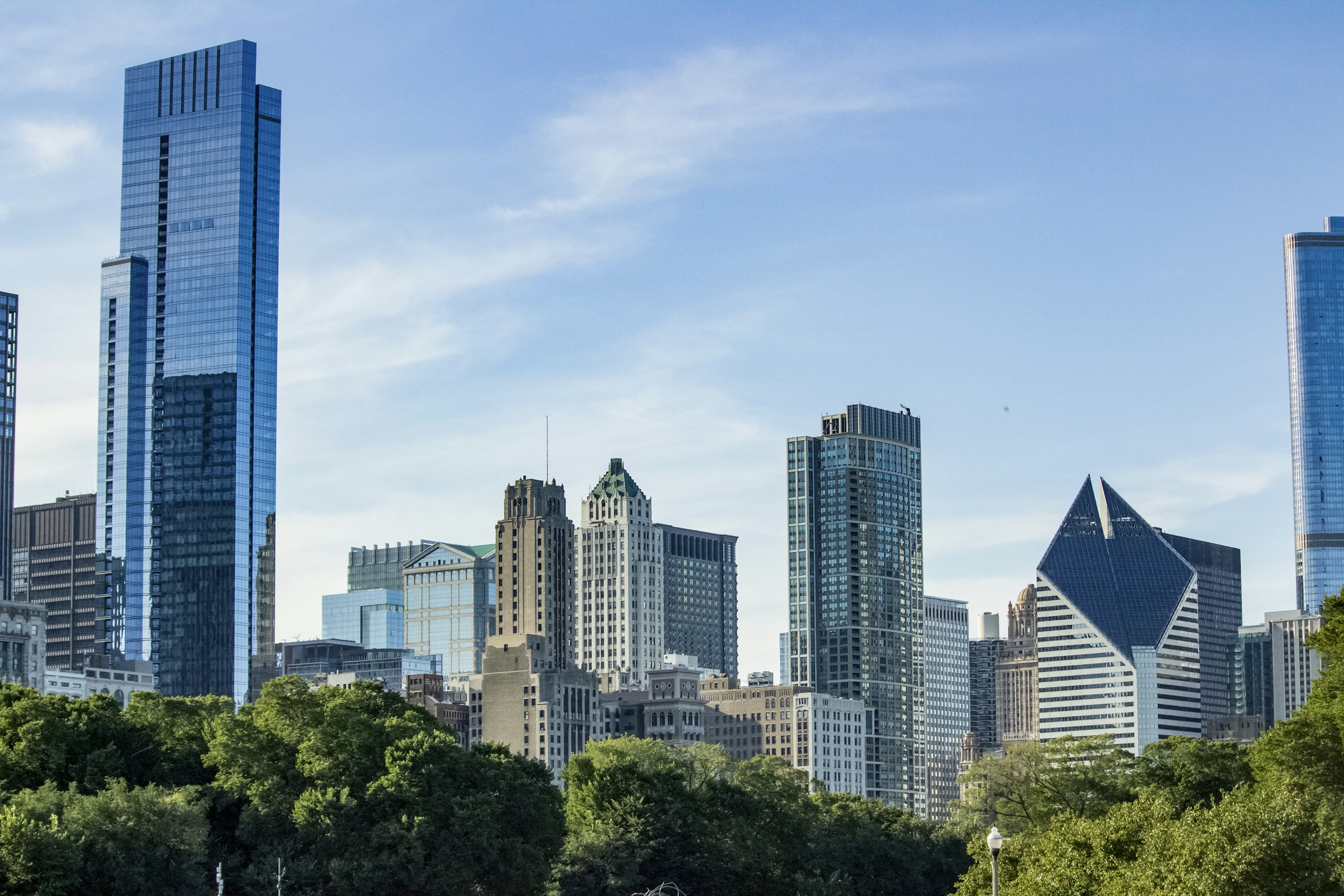 Chicago Skyline with Skyscrapers and Green Trees HD Wallpaper