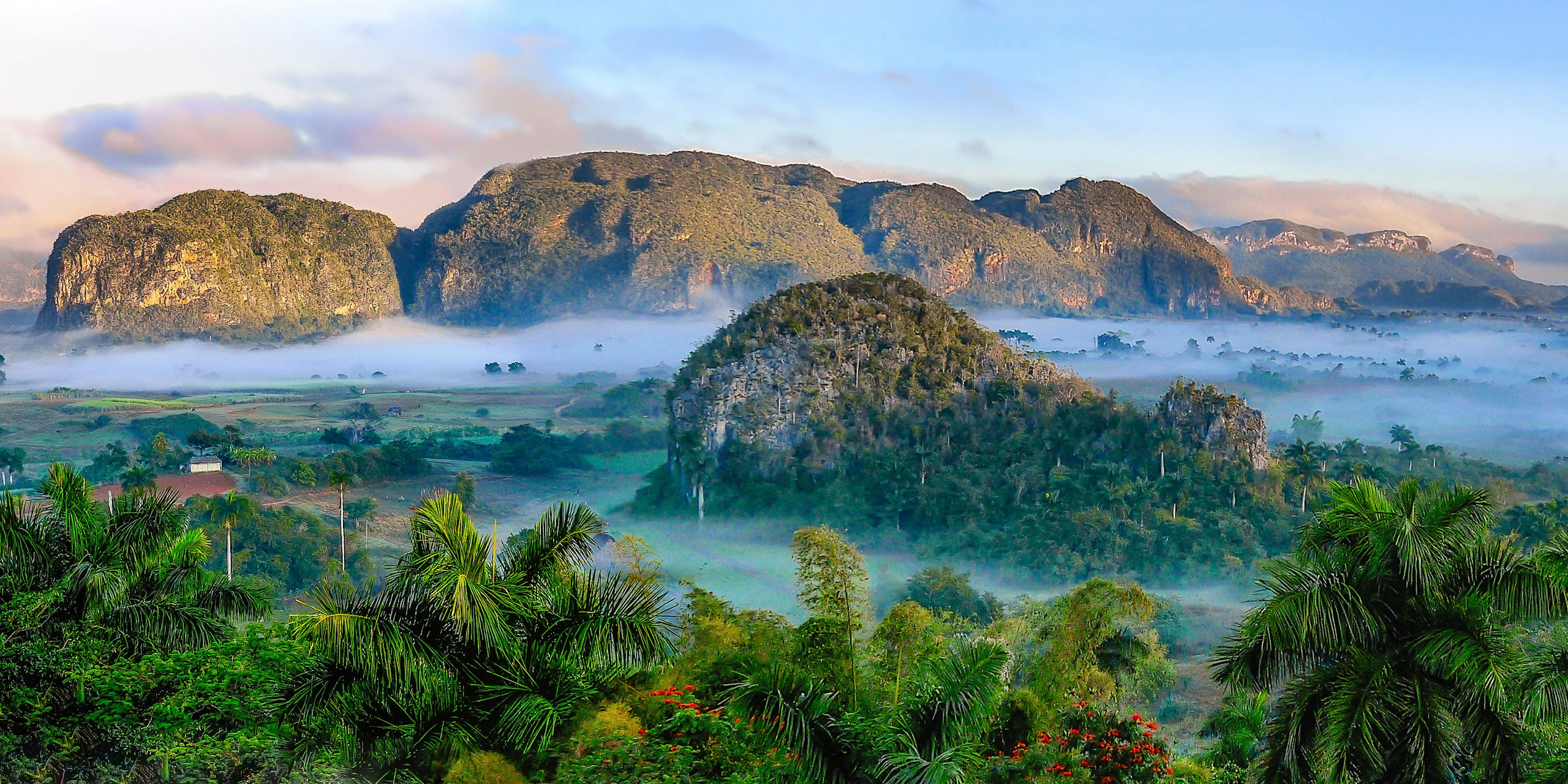 Mogote hills in Viñales Valley with morning mist HD Wallpaper