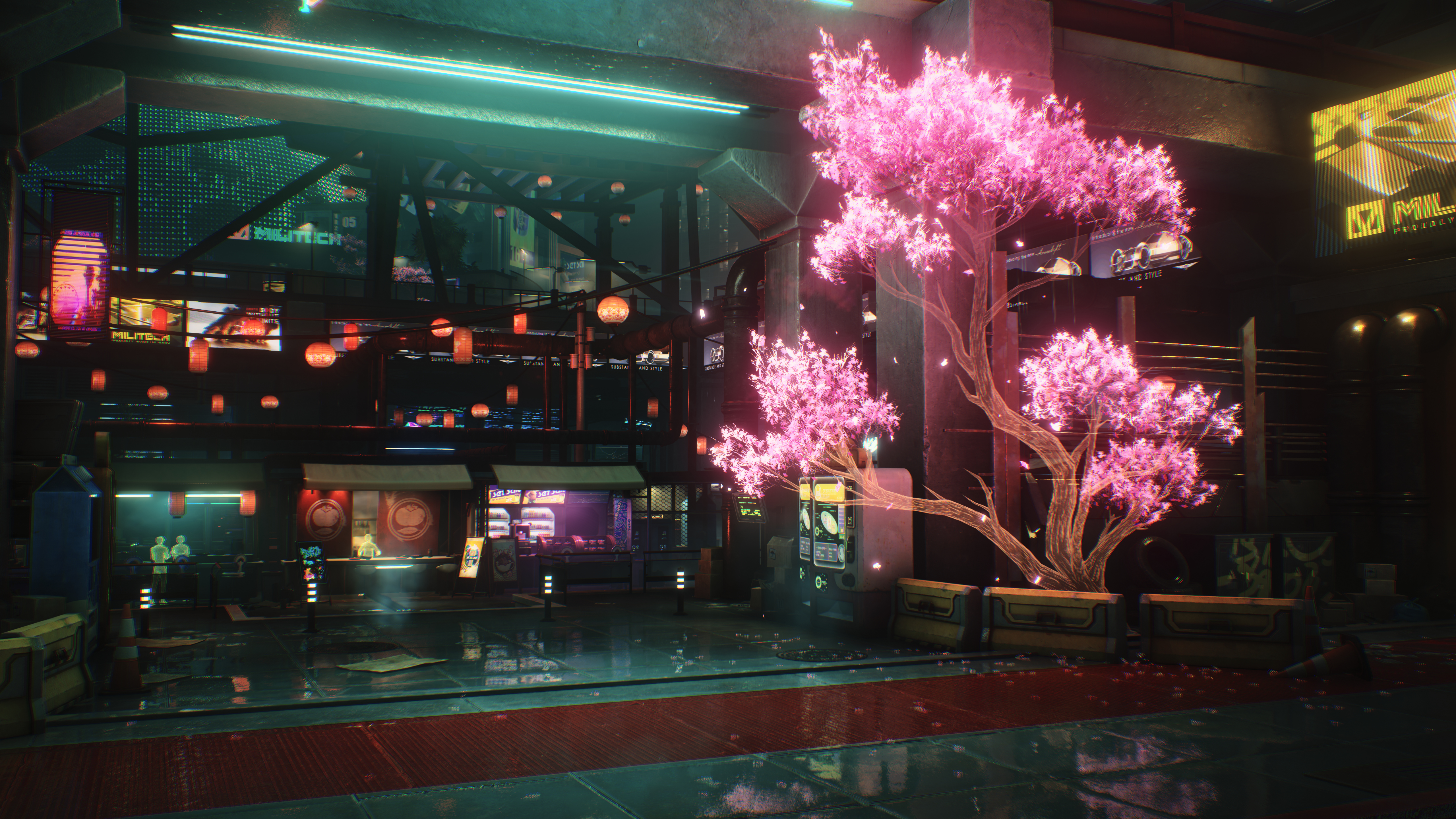 Cyberpunk 2077 Cherry Blossom Market Street HD Wallpaper