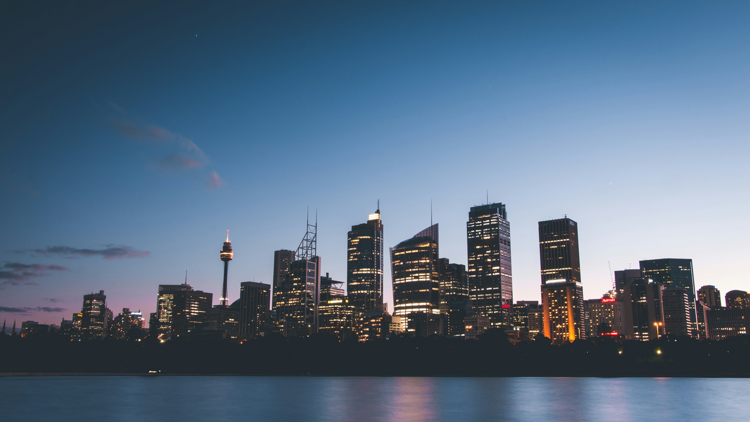 Sydney city skyline at dusk across the water HD Wallpaper