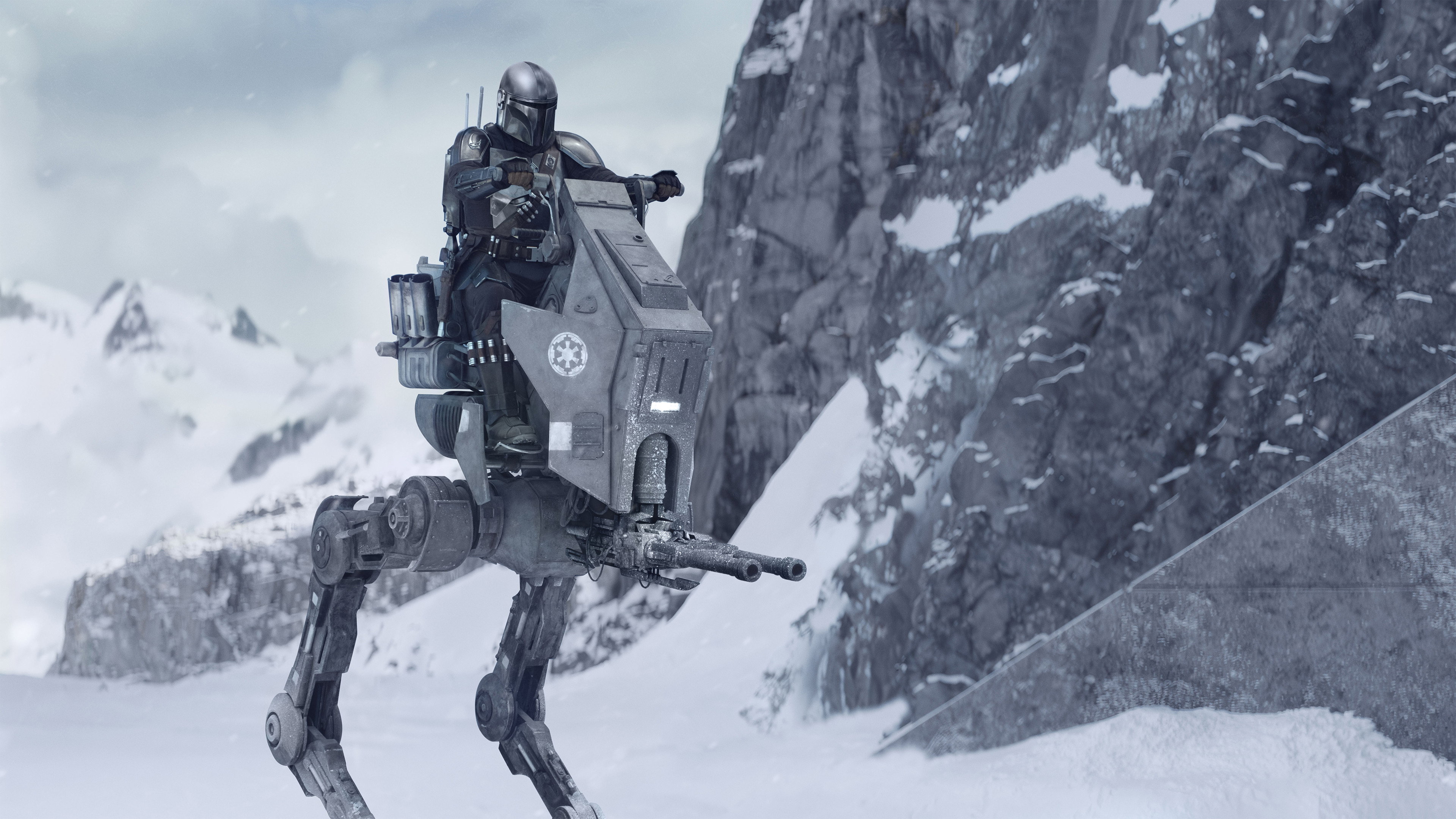 The Mandalorian riding an Imperial walker in Star Wars HD Wallpaper