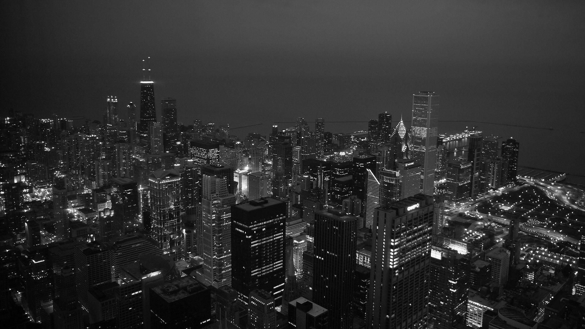 Black and White Chicago Skyline at Night HD Wallpaper