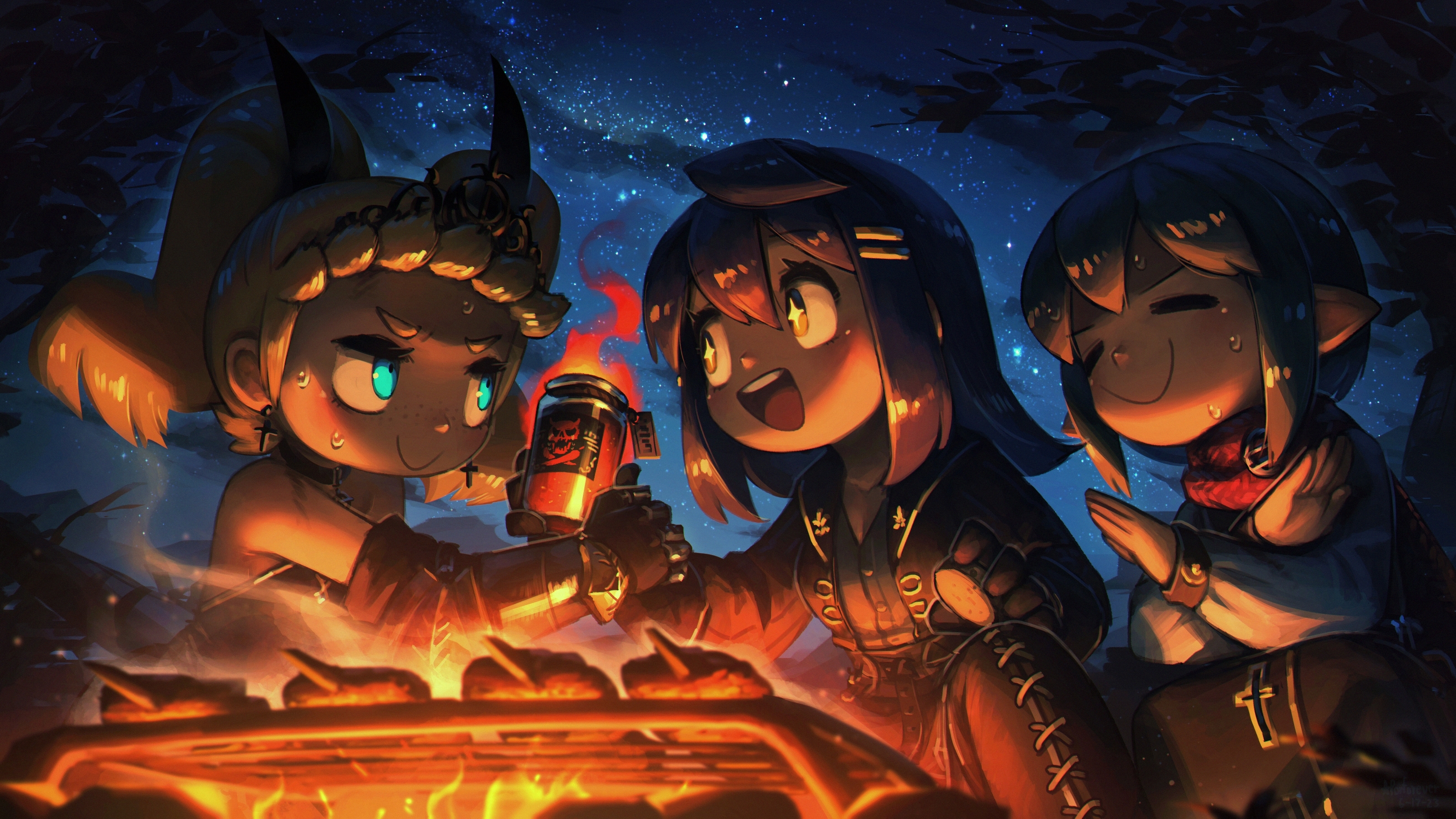 Three Anime Girls Cooking Around a Campfire by Porforever HD Wallpaper