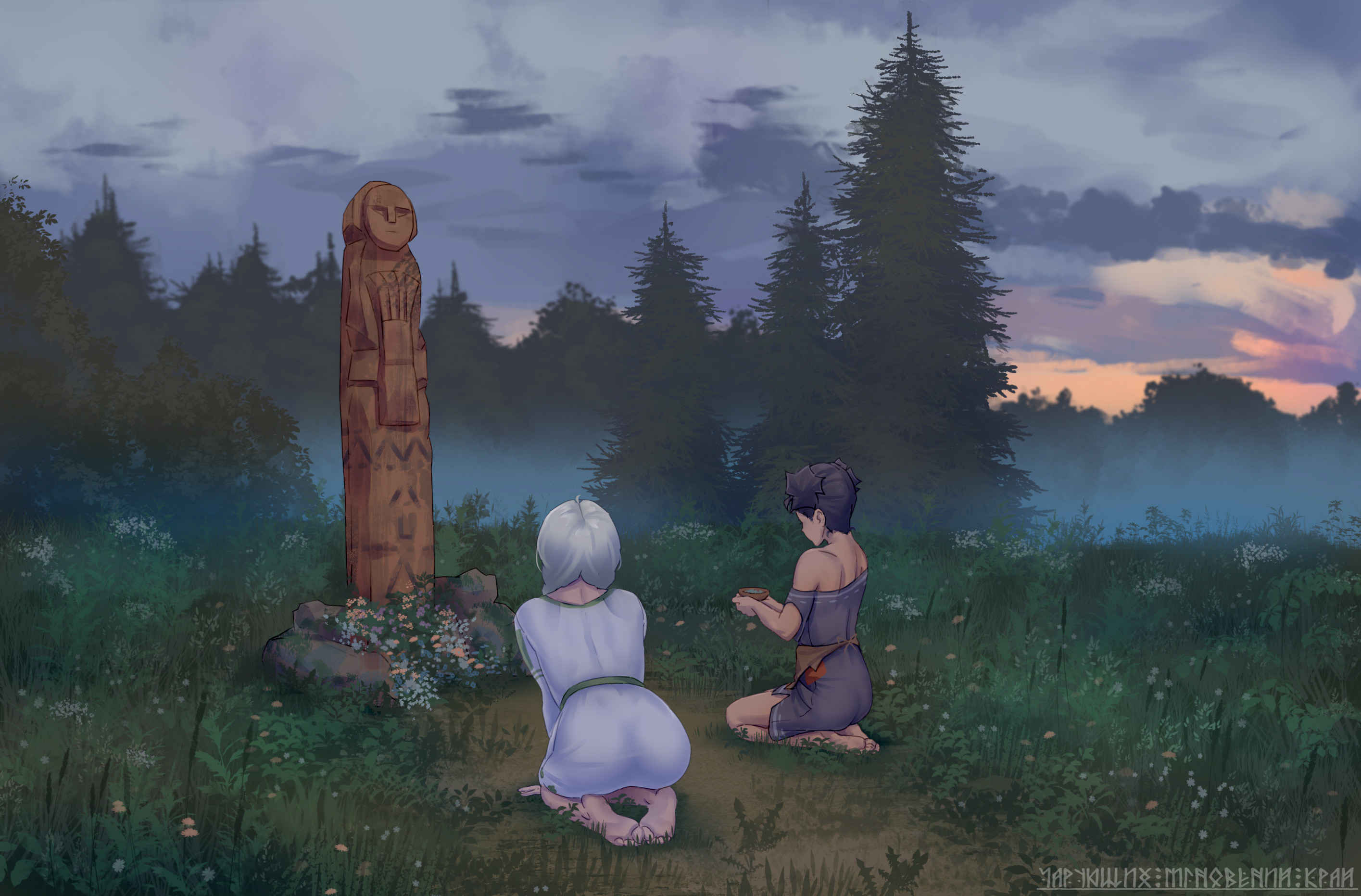Two characters kneeling before a wooden pagan idol HD Wallpaper