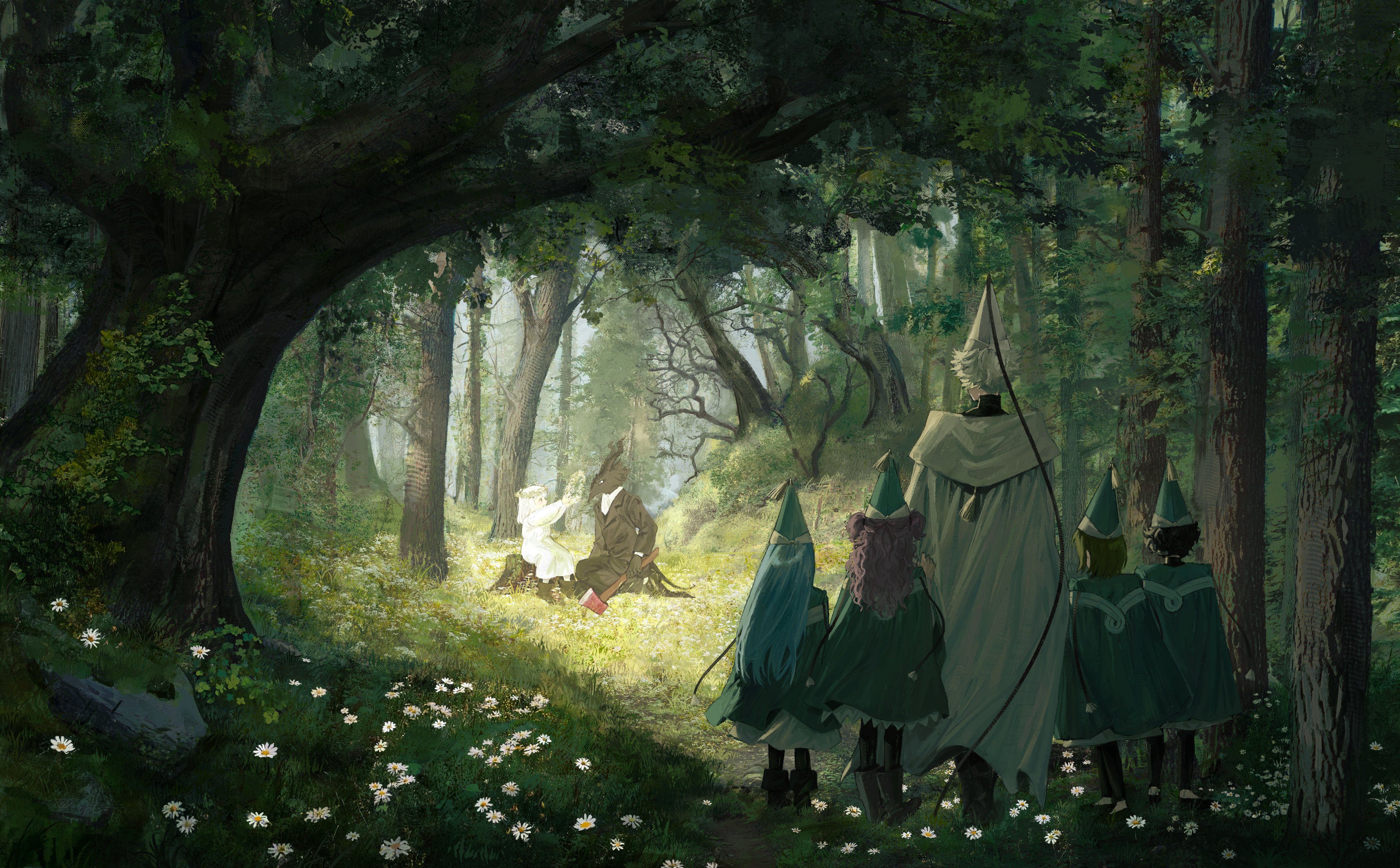 Qifrey and apprentices from Witch Hat Atelier in a forest HD Wallpaper