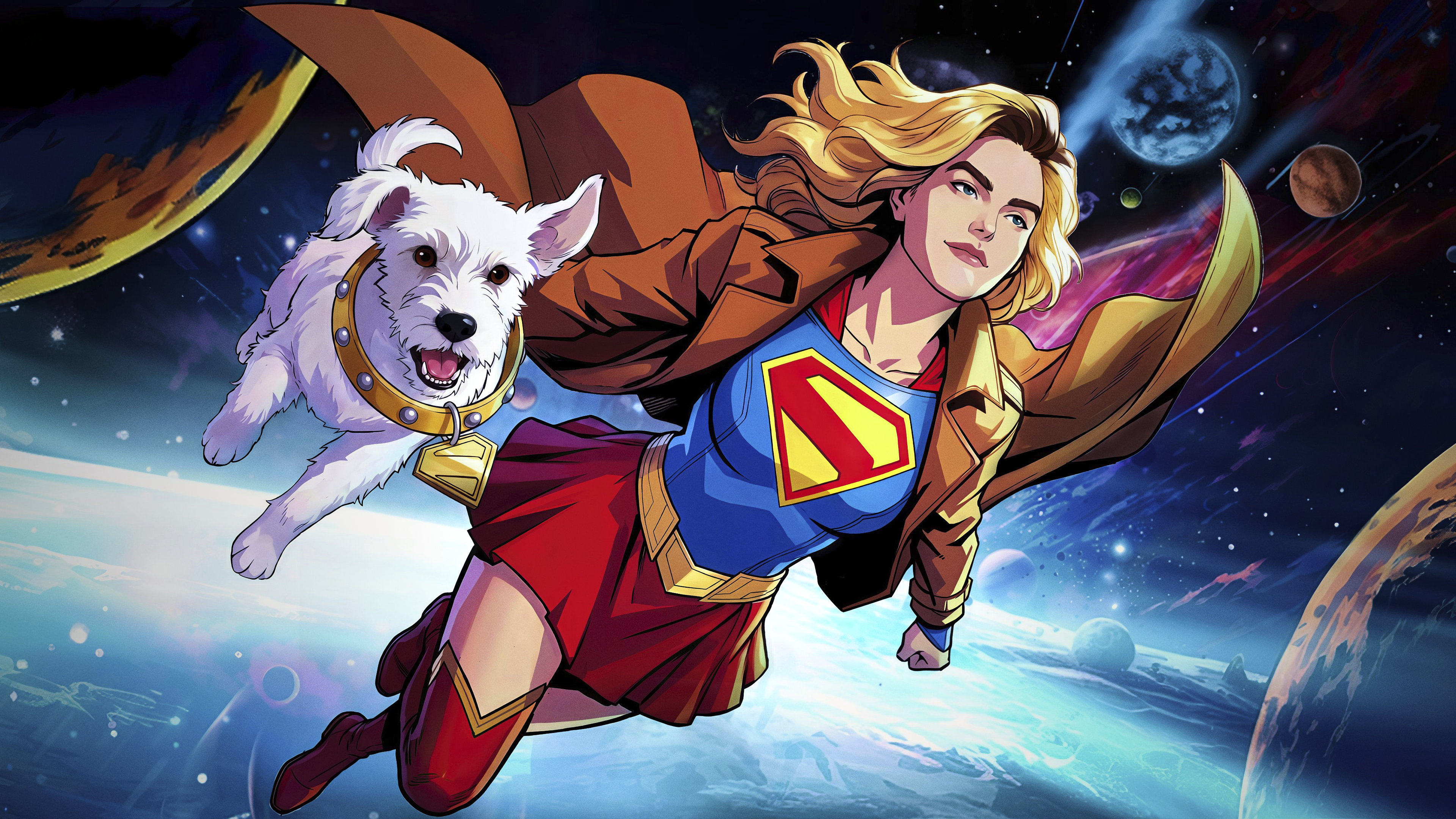 Supergirl and Krypto the Superdog flying in space HD Wallpaper