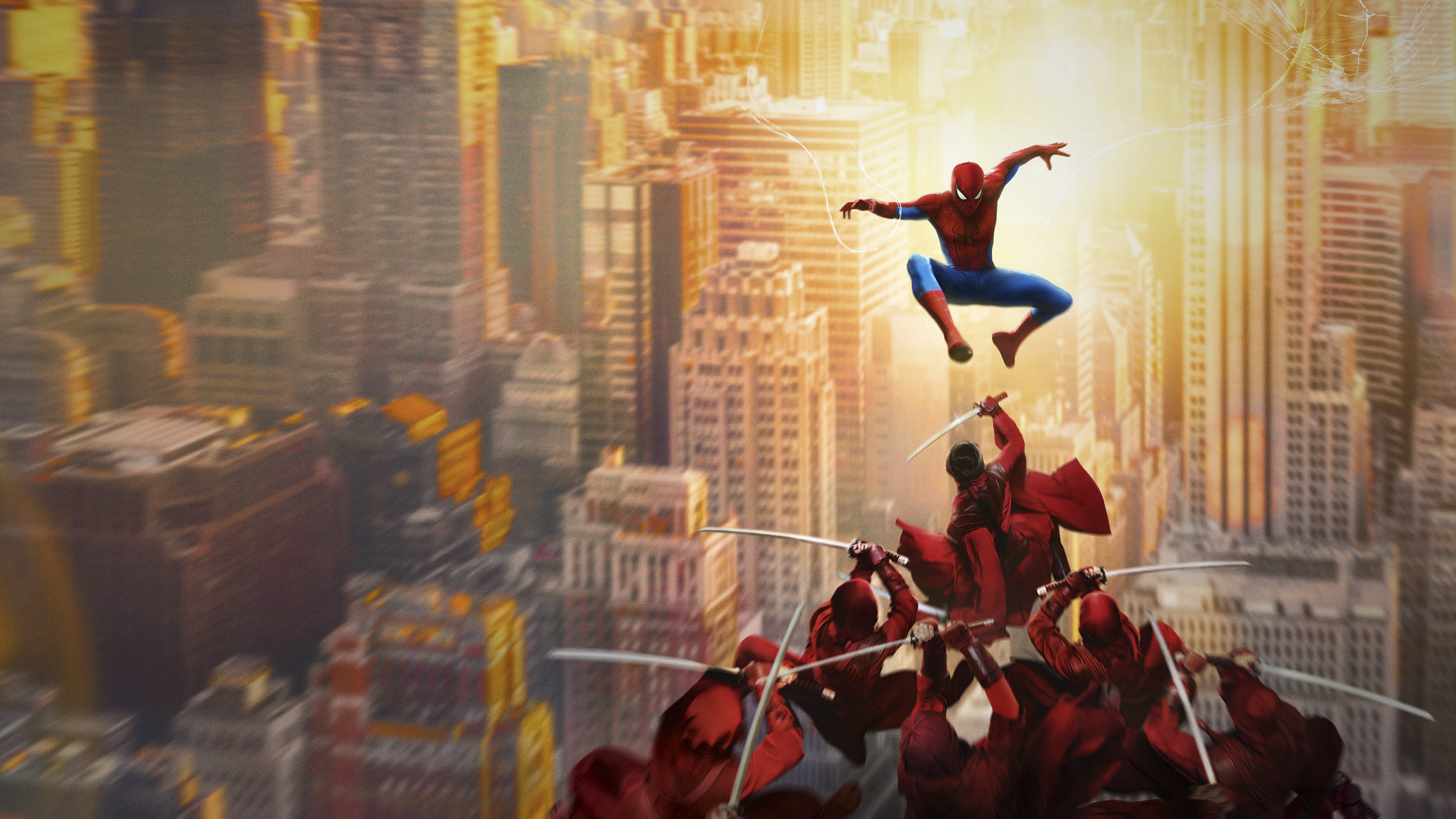 Spider-Man fighting red ninjas over New York City HD Wallpaper