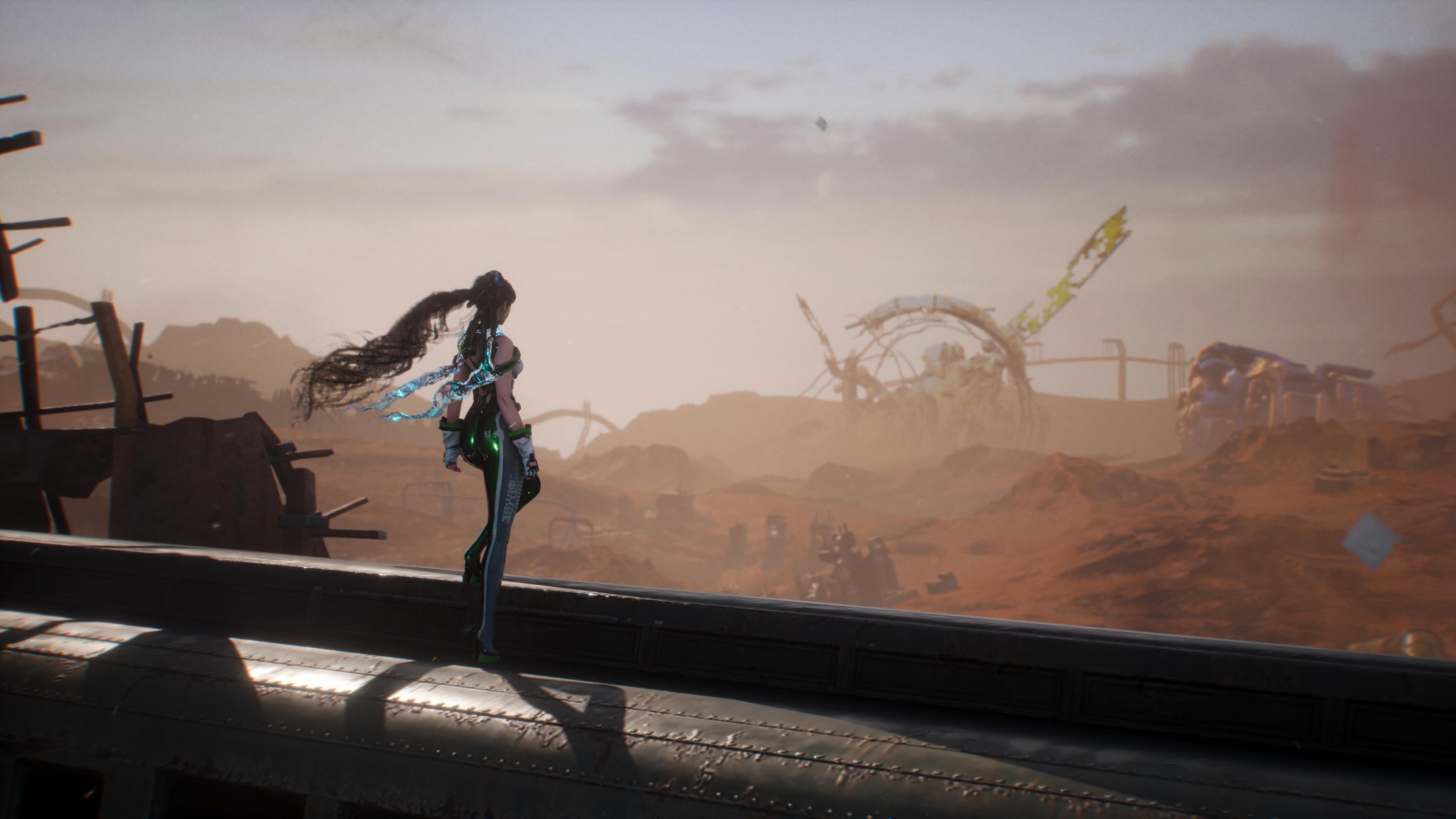 Eve overlooking a desolate wasteland in Stellar Blade HD Wallpaper