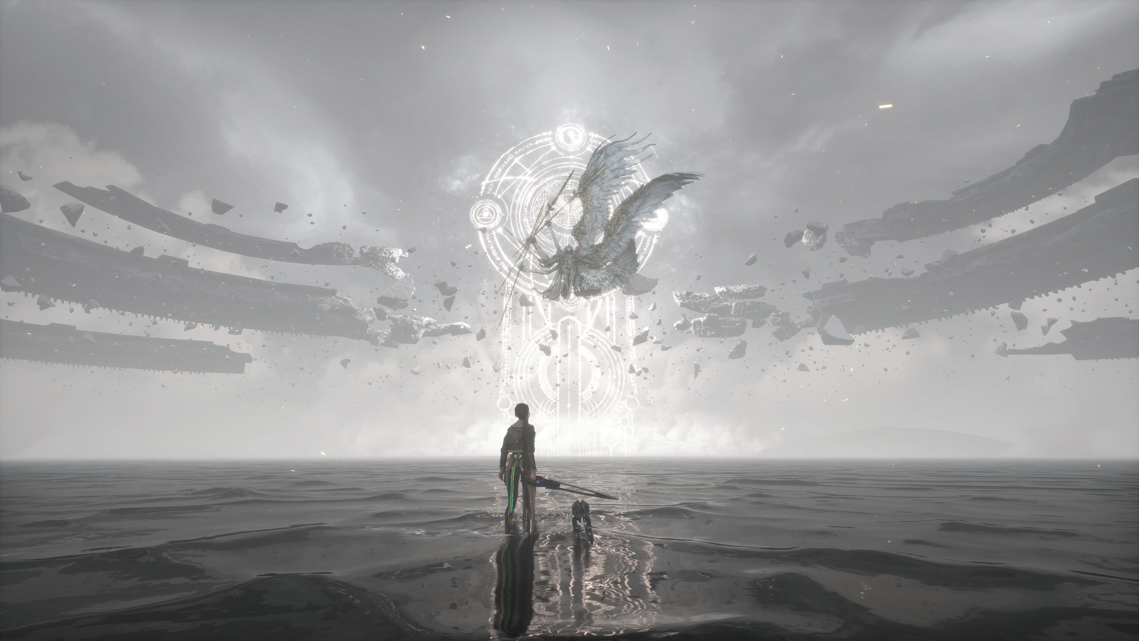 Eve facing the Elder Naytiba in Stellar Blade HD Wallpaper