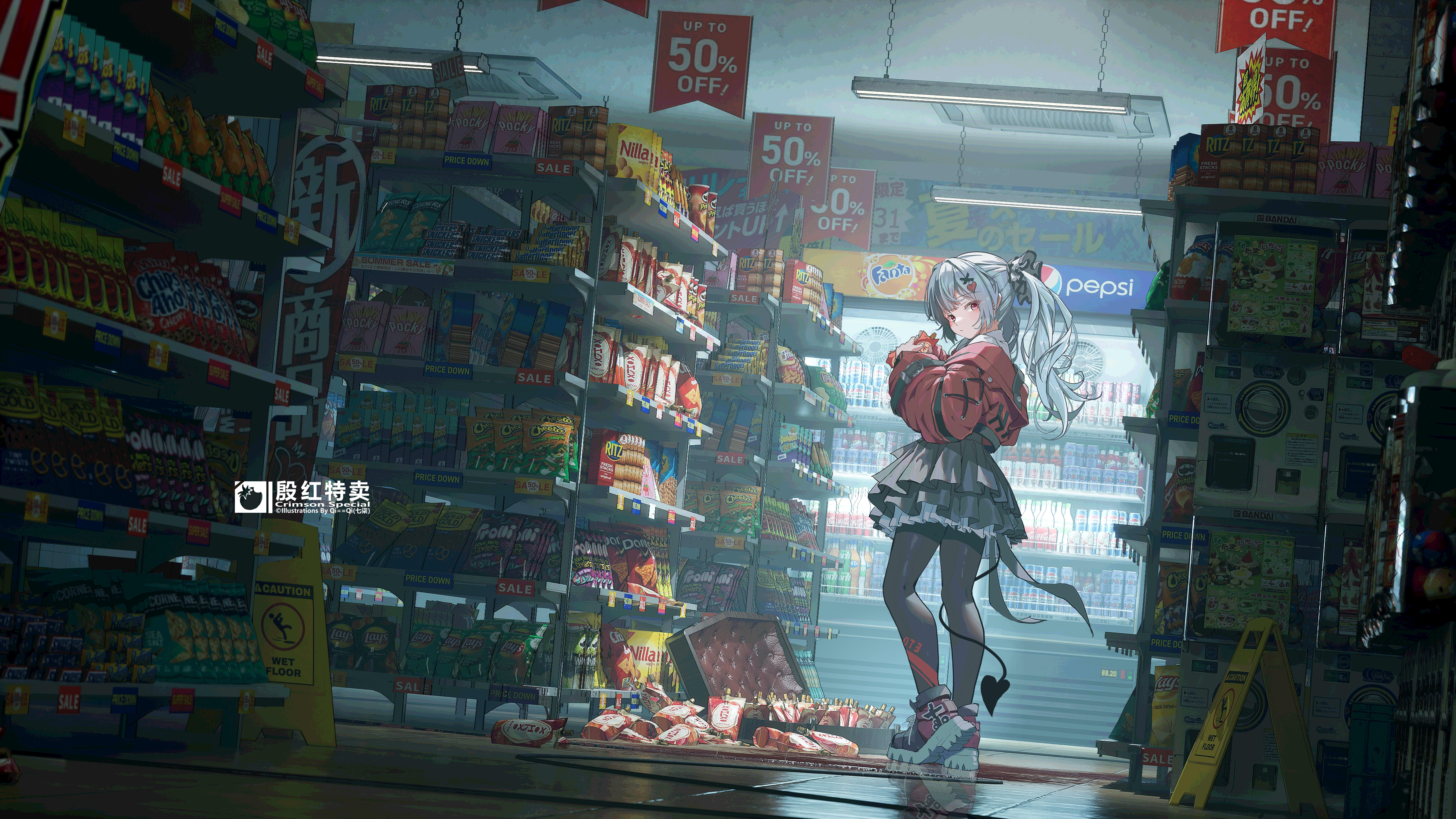 Anime Devil Girl in a Convenience Store Aisle HD Wallpaper
