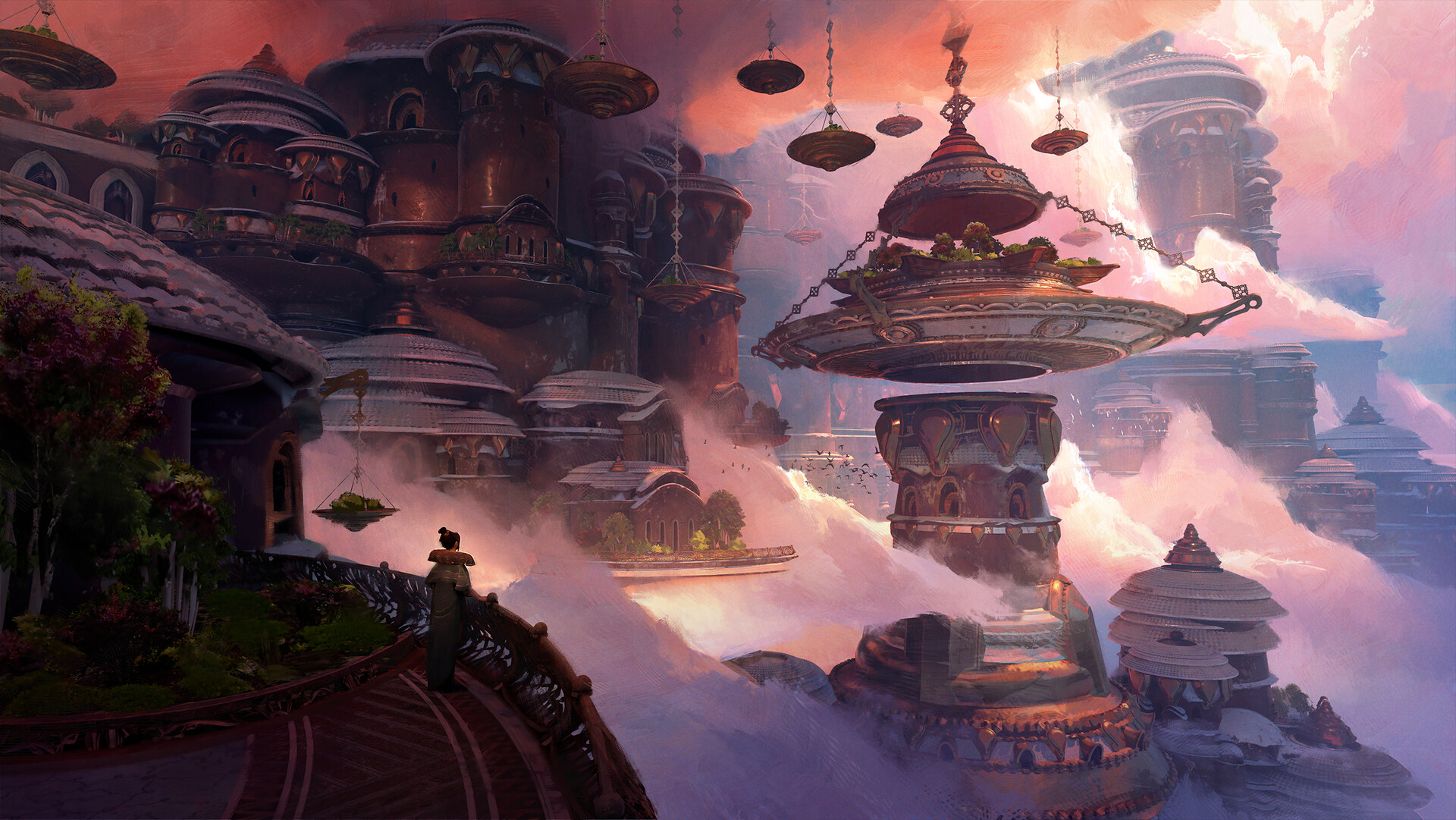 Fantasy Sky City with Floating Platforms and Hanging Gardens HD Wallpaper