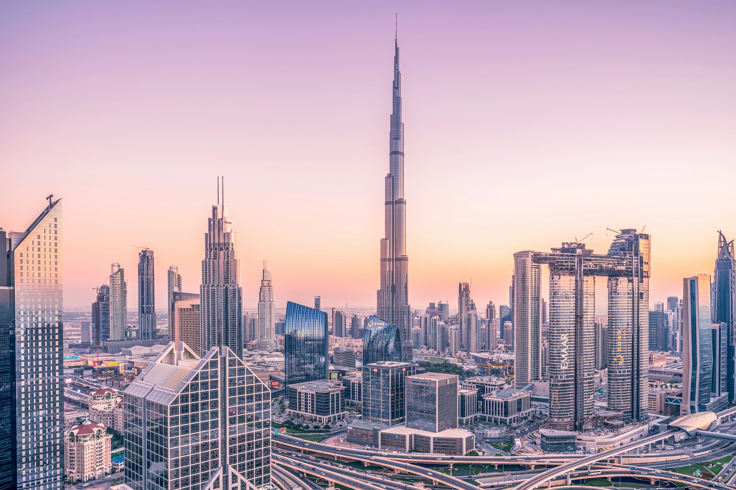 Dubai Skyline with Burj Khalifa at Sunset HD Wallpaper