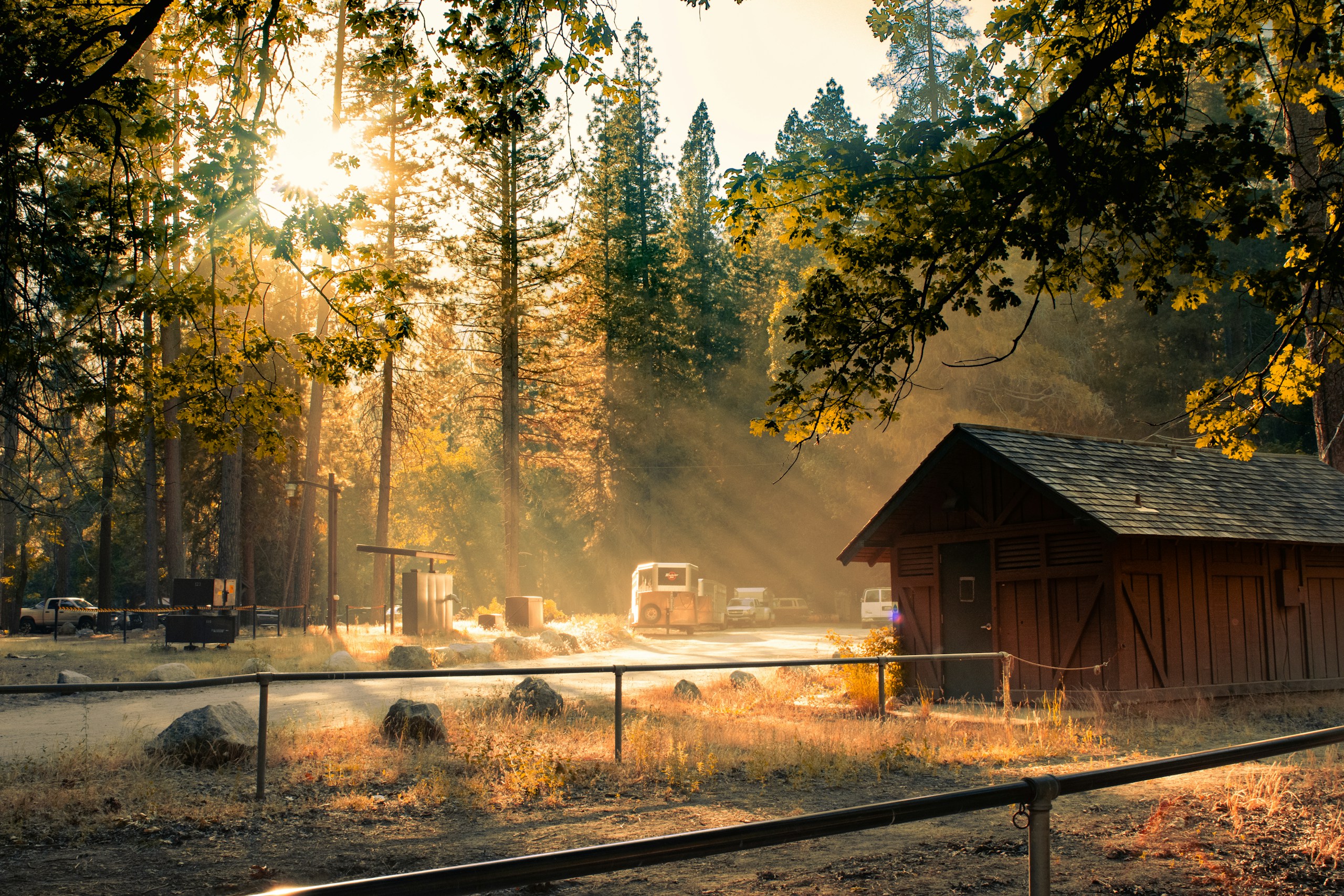 Wooden cabin in a sunlit forest clearing HD Wallpaper