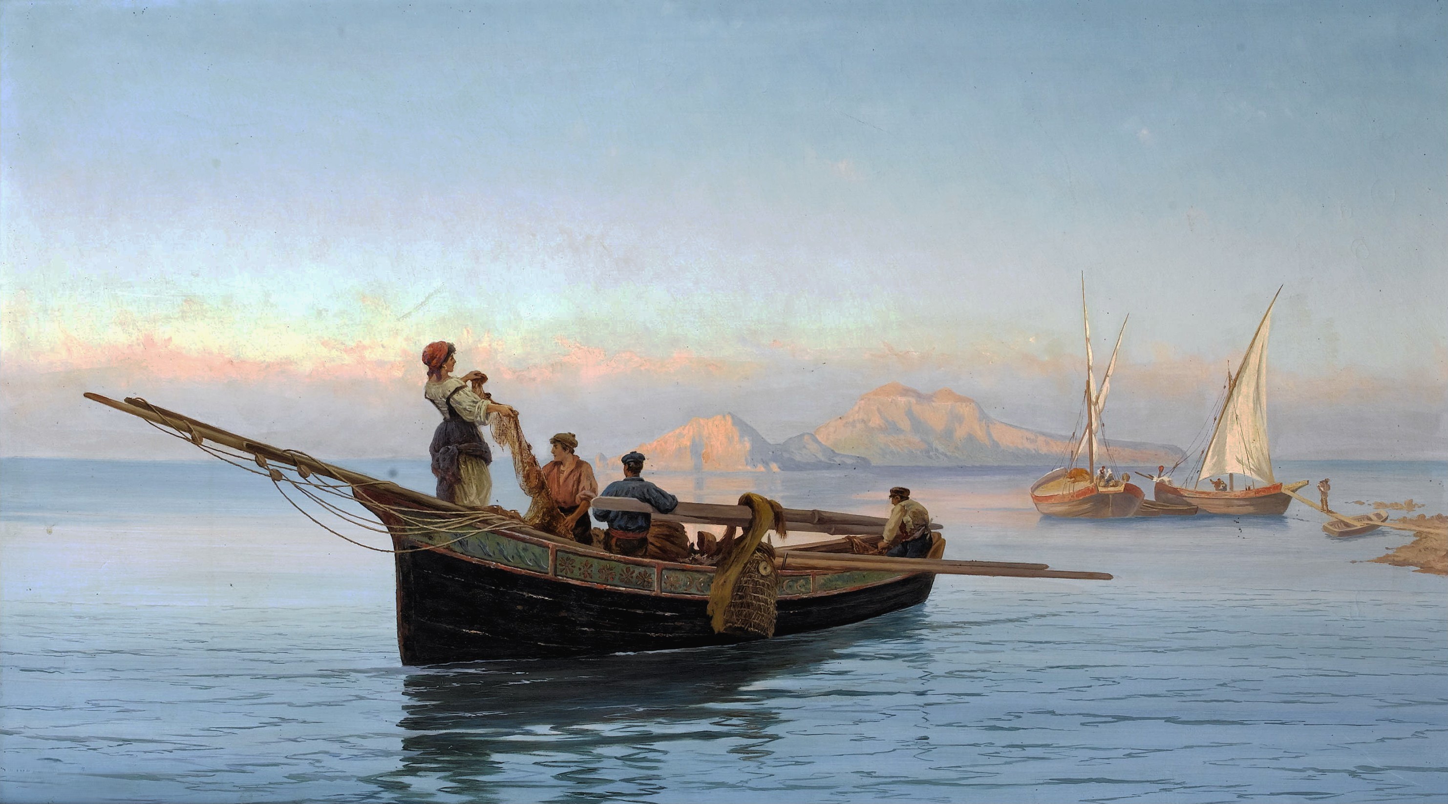 Classical Painting of Fishermen in a Boat HD Wallpaper