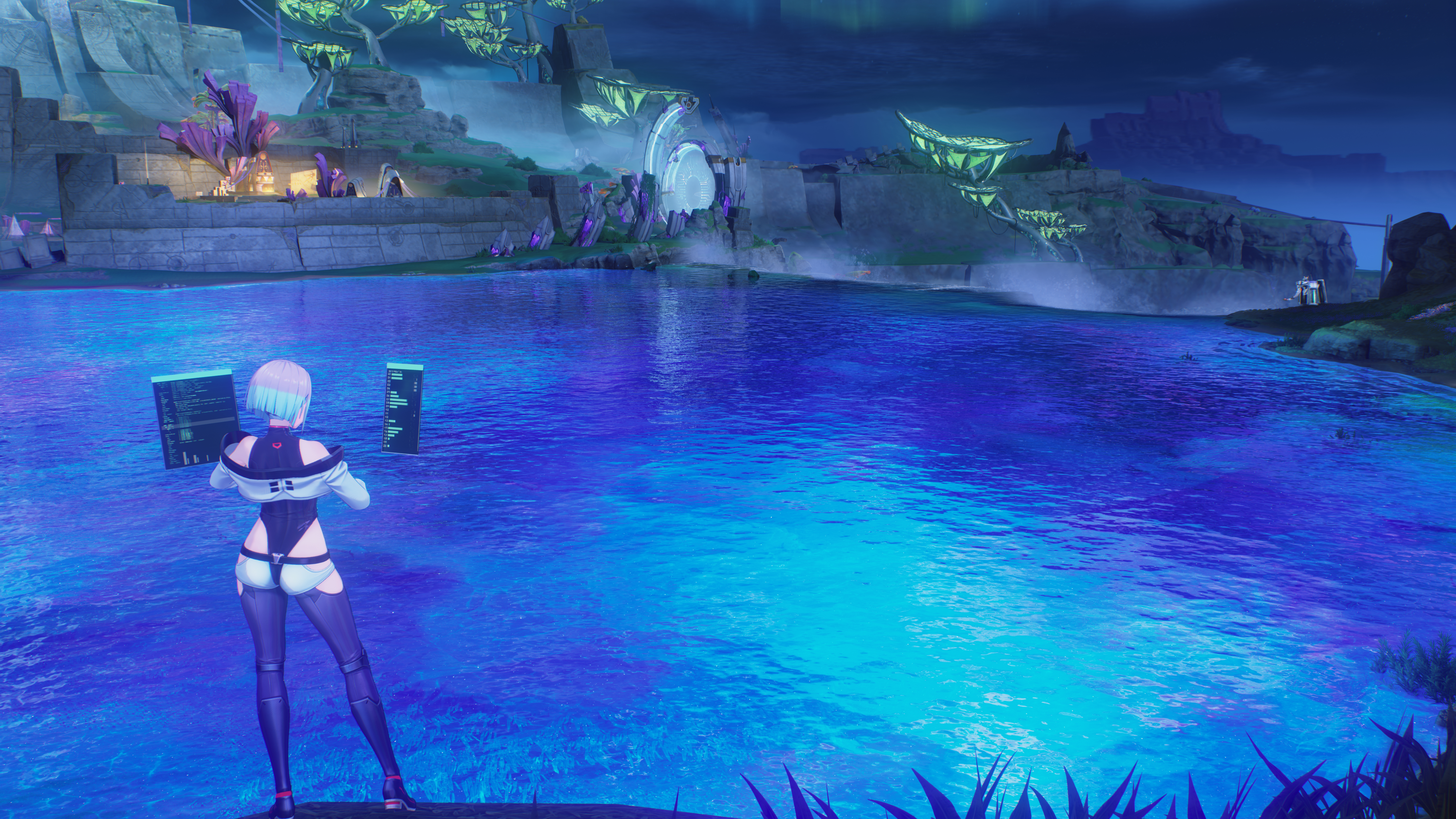 Female Anime Character by a Glowing Blue Lake HD Wallpaper