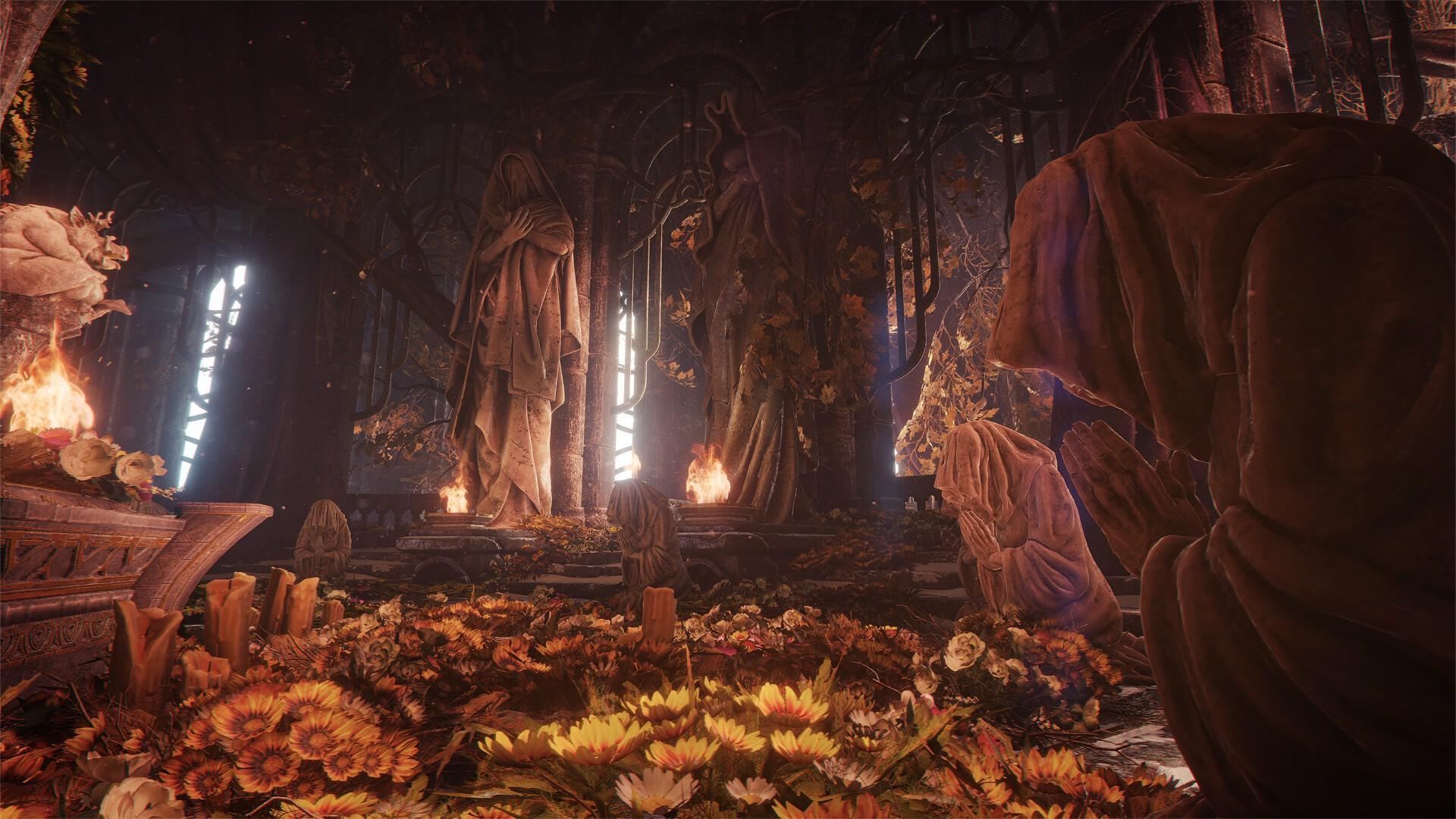 Gothic Temple with Praying Statues and Flowers HD Wallpaper